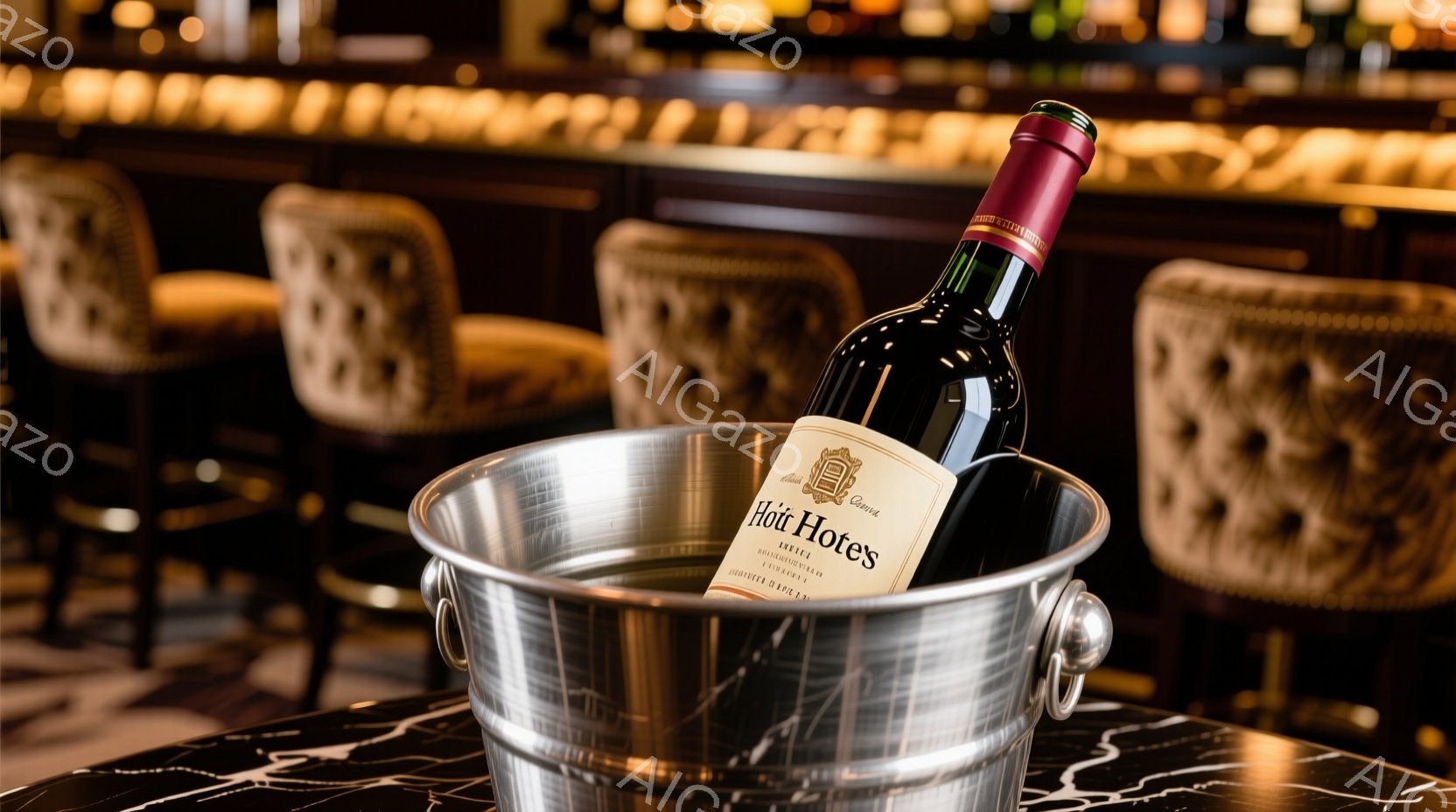 画像には、氷の入った金属製のバケツの中にワインボトルが浸かっている様子が写っています。背景には、バーカウンターと、ぼんやりと見える椅子が並んでおり、薄暗く落ち着いた雰囲気です。ワインボトルのラベルには「Hotes」と書かれており、高級感と洗練された印象を与えます。