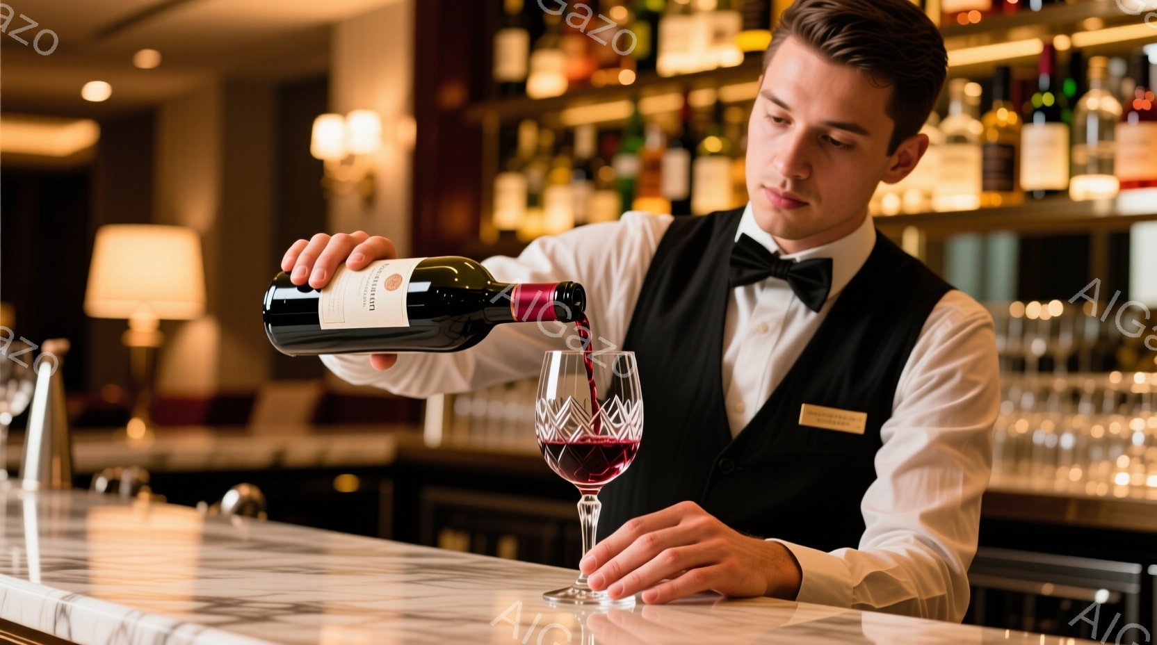 バーテンダーがワインをグラスに注いでいる様子が写っている。彼は黒いベストと白いシャツ、蝶ネクタイという服装で、胸元には名前の刺繍が入った名札をつけている。背景にはワインボトルが並んだ棚があり、高級感のあるバーの雰囲気を感じさせる。