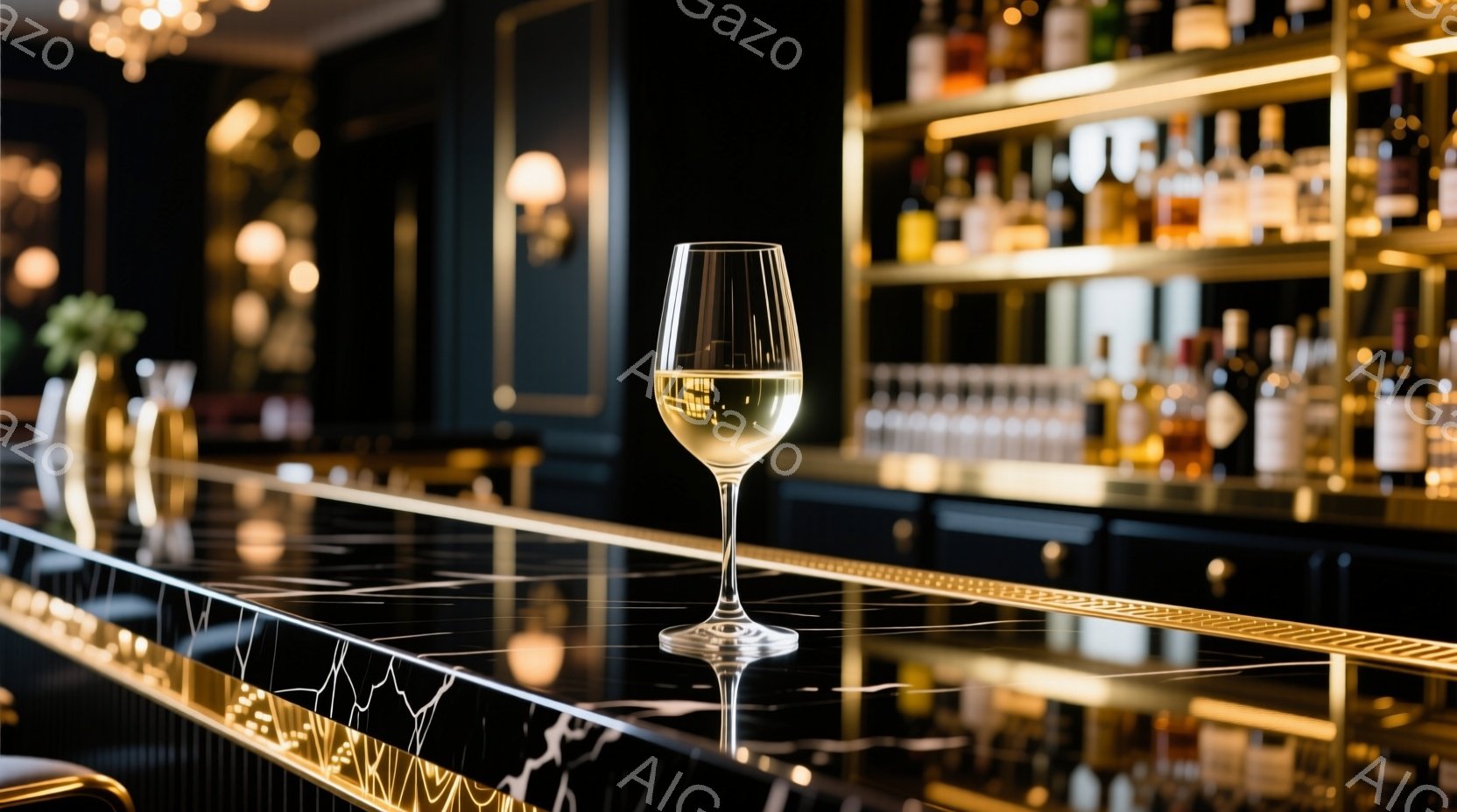 黒い大理石のカウンターの上に、白ワインが注がれたグラスが置かれている。背後には、様々なボトルが並んだ棚があり、バーの内部を思わせる高級感のある雰囲気が漂っている。カウンターの反射がグラスの美しさを強調 - AI生成フリー素材
