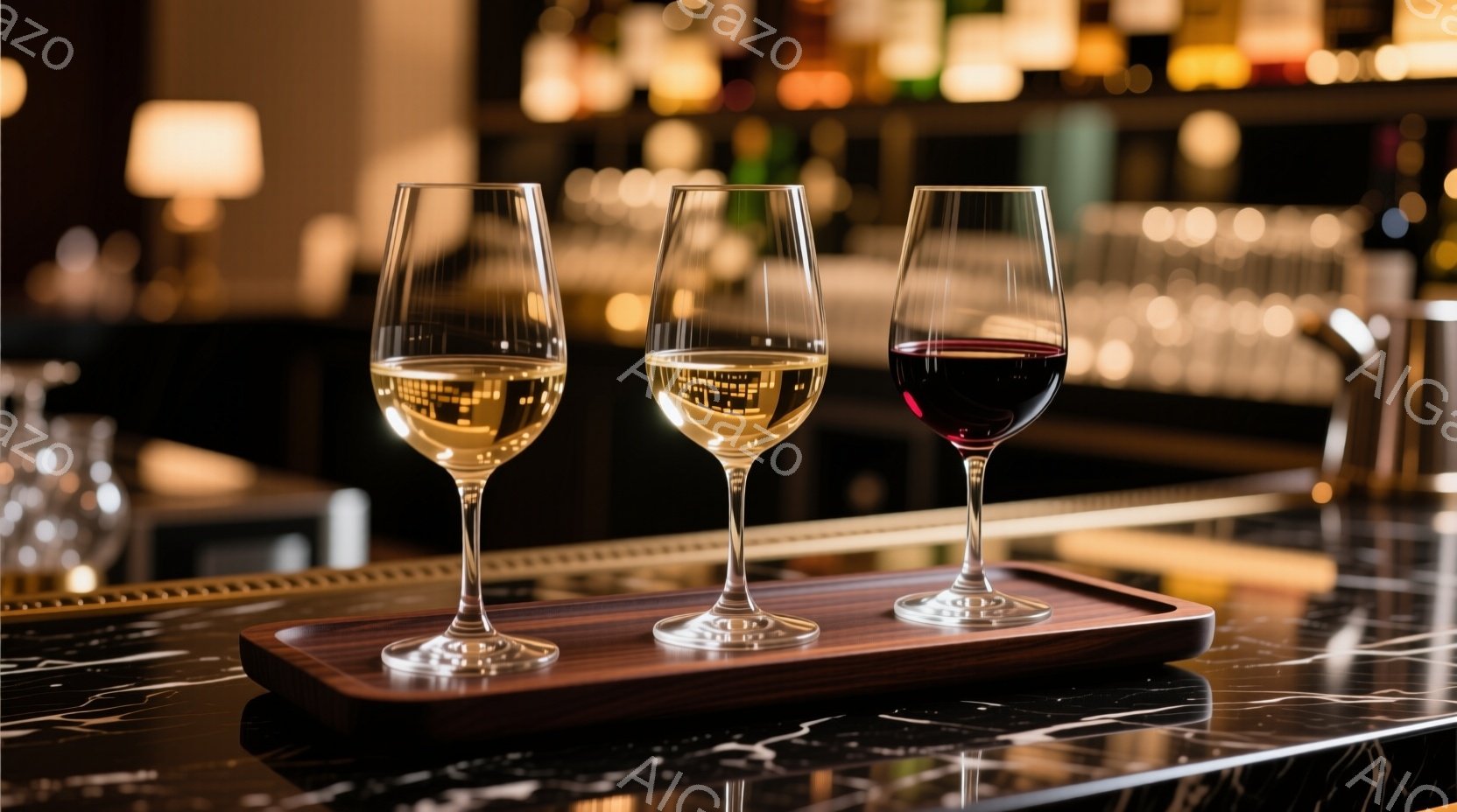 3つのワイングラスが、濃い木製のトレイの上に並べられています。一番左のグラスには淡い黄色の白ワイン、中央のグラスには透明なワイン、そして一番右のグラスには深紅色の赤ワインが入っており、それぞれ色が異な - AI生成フリー素材