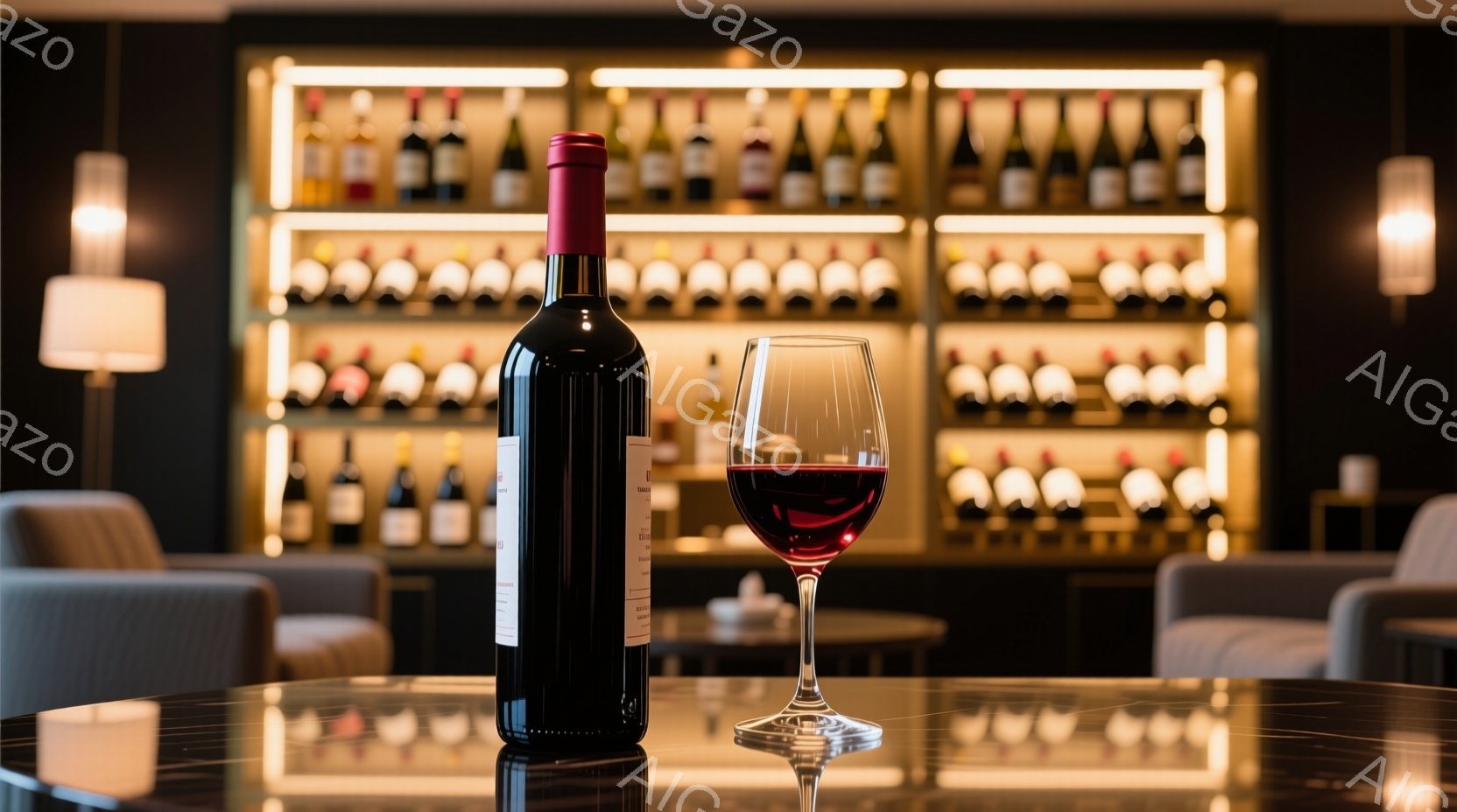 テーブルの上には赤ワインのボトルとグラスがあり、グラスには赤ワインが注がれています。背景には、たくさんのワインボトルが並んだワインセラーのような空間が広がっており、落ち着いた照明が照らされています。全体的に洗練された雰囲気で、ワインを楽しむ上質な空間を表現しています。