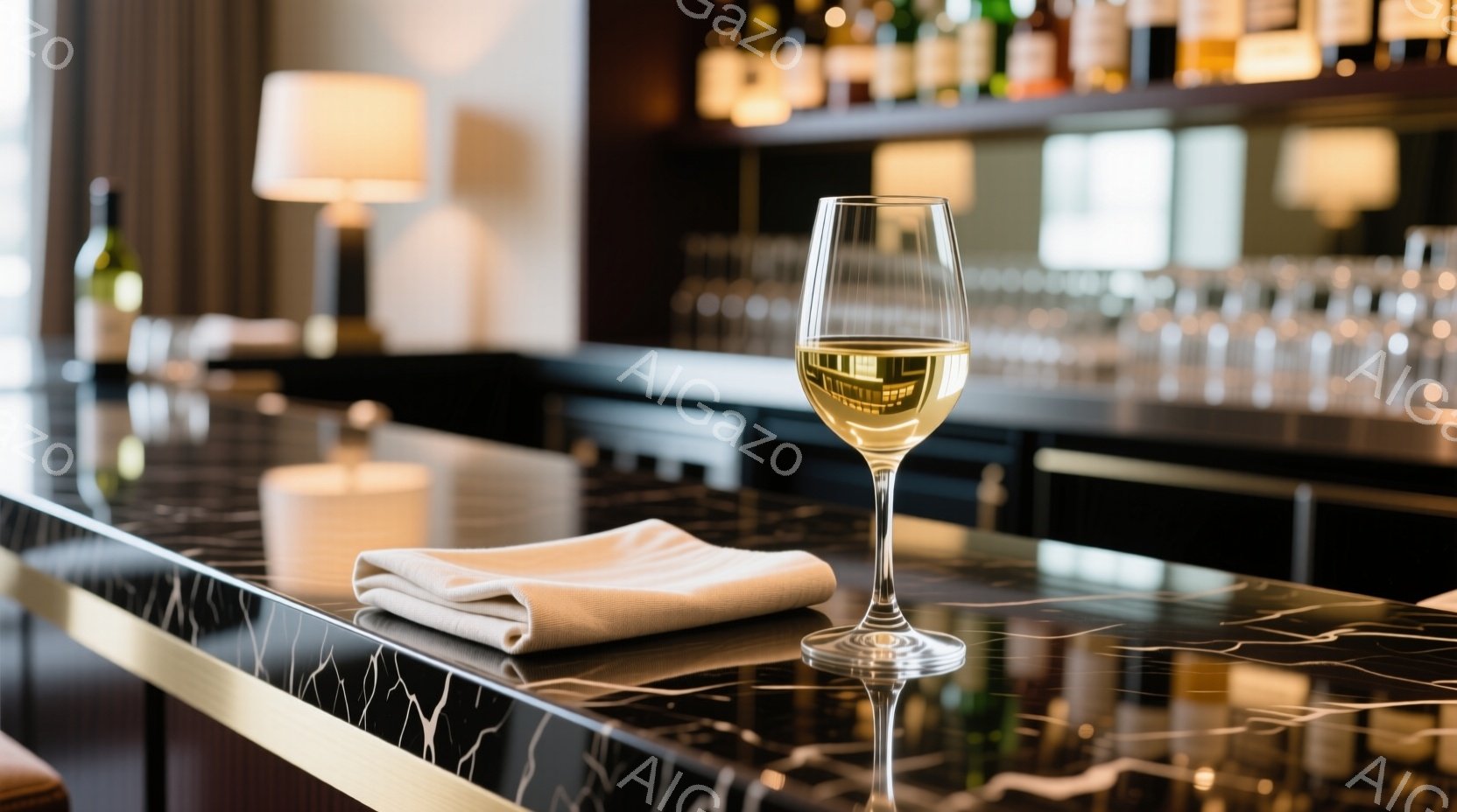 黒大理石のカウンターの上に、白ワイングラスと白い布ナプキンが置かれています。グラスの中の液体は黄金色で、反射が美しいです。背景にはぼやけたバーカウンターと酒瓶が並び、落ち着いた大人の雰囲気が漂っていま - AI生成フリー素材