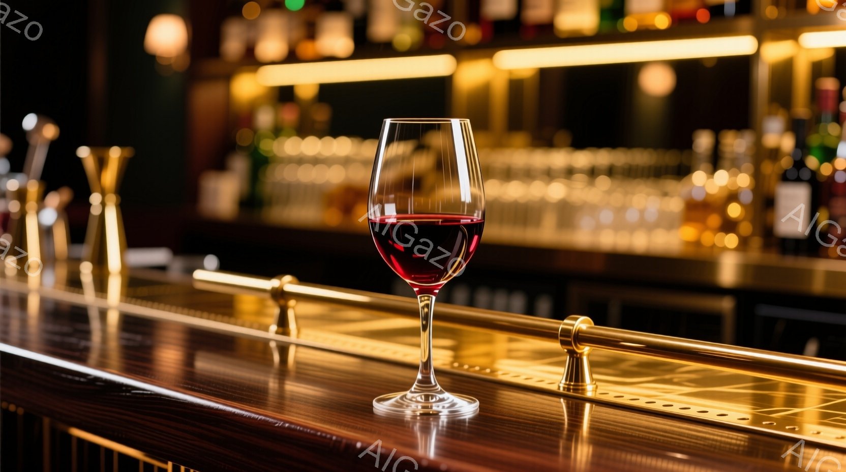 バーカウンターの上に、深紅色のワイングラスが置かれている。グラスは繊細な脚を持ち、カウンターの光沢のある木目と対照的である。背景には、ぼやけたボトルが並び、暖色系の照明が上品な雰囲気を醸し出している。