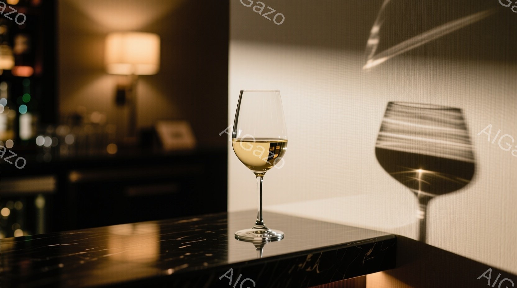 黒い大理石のカウンターの上にワイングラスが一つ置かれています。グラスの中には淡い黄金色のワインが満たされ、光を反射して輝いています。背景はぼやけており、暖色系の照明が漂う落ち着いた雰囲気の室内であるこ - AI生成フリー素材