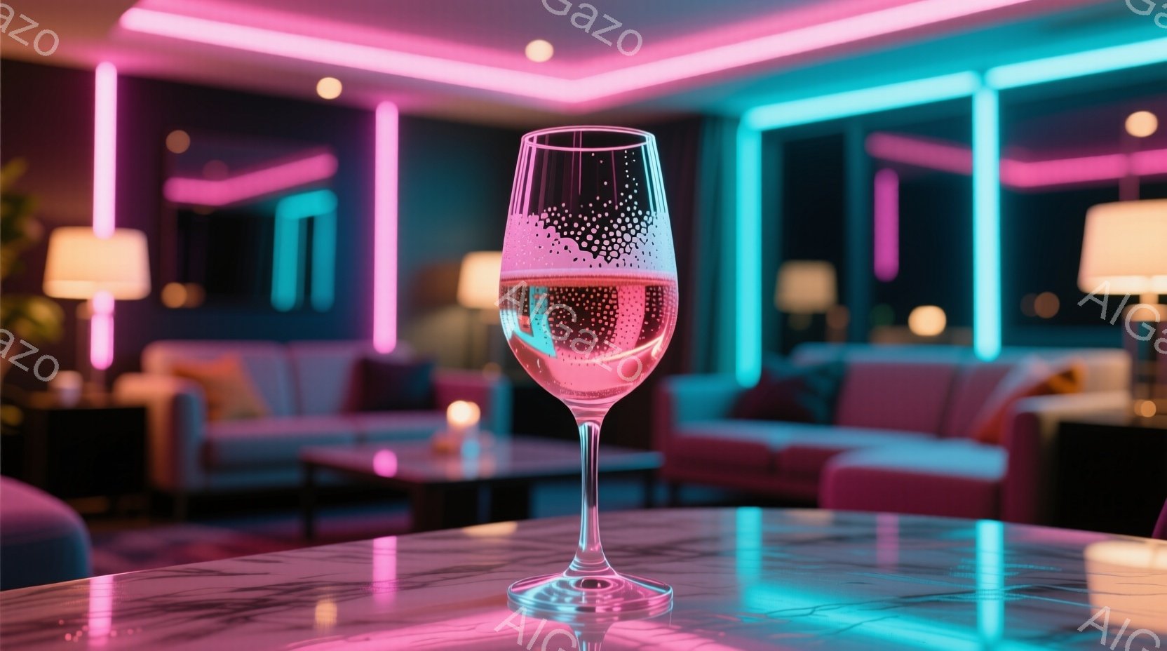 光沢のある大理石のテーブルの上に、泡立つピンク色のドリンクが入ったワイングラスが置かれています。背景には、ネオンピンクと青色の照明が照らされた、モダンで洗練されたラウンジの様子が見え、ピンク色のソファが並んでいます。全体的に、スタイリッシュで都会的なナイトライフの雰囲気が漂っています。