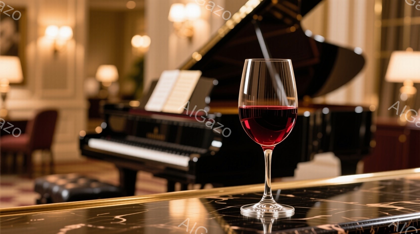 赤ワインがグラスに満たされ、黒の大理石のようなテーブルの上に置かれている。背景には、ぼやけたグランドピアノと、薄暗い照明が照らす豪華な内装が見える。全体的に暖色系の照明が使用され、優雅で落ち着いた雰囲 - AI生成フリー素材