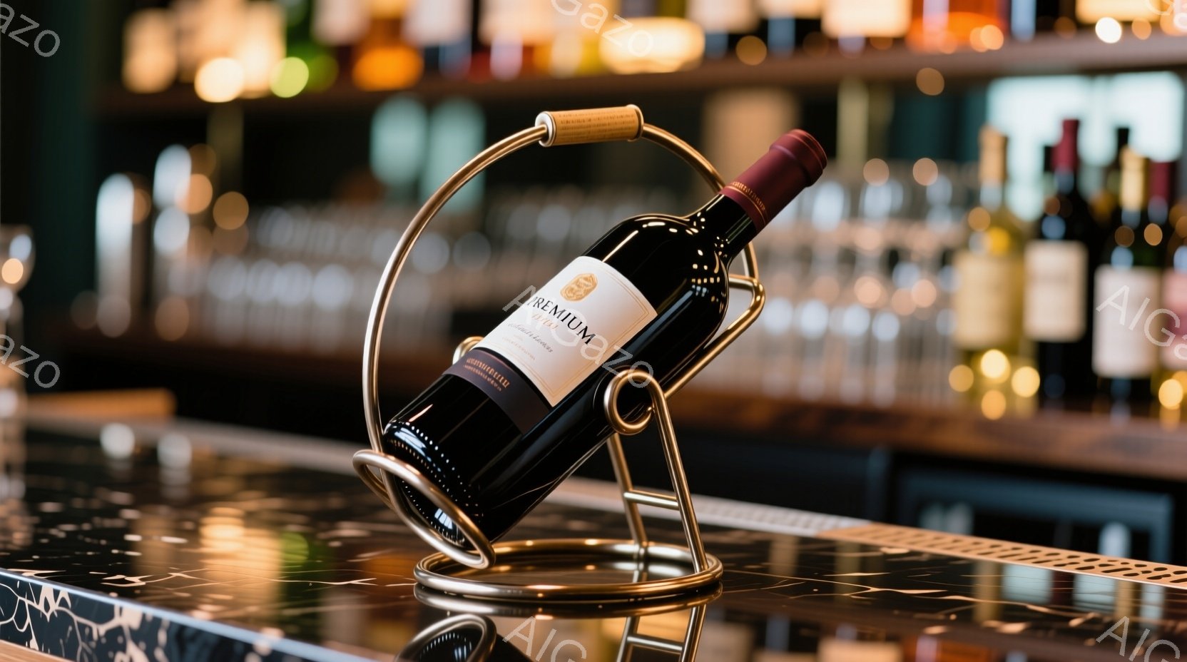 画像には、金属製のホルダーに傾けられたワインボトルが写っている。ボトルは深紅色のラベルが貼られており、ホルダーは光沢のある金属でできている。背景にはぼやけたバーカウンターとワインボトルが並び、高級感と - AI生成フリー素材