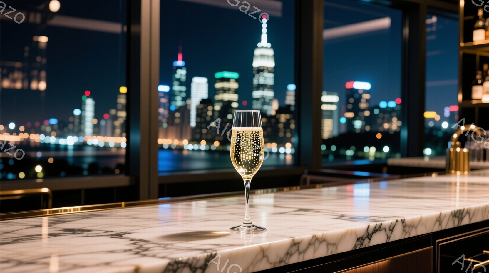 大理石のカウンターの上にシャンパングラスが置かれ、グラスの中には泡が輝いている。背景には夜景が広がり、高層ビル群がライトアップされ、煌びやかな都市の夜を表現している。全体的に洗練された雰囲気で、高級感と落ち着きが感じられる。