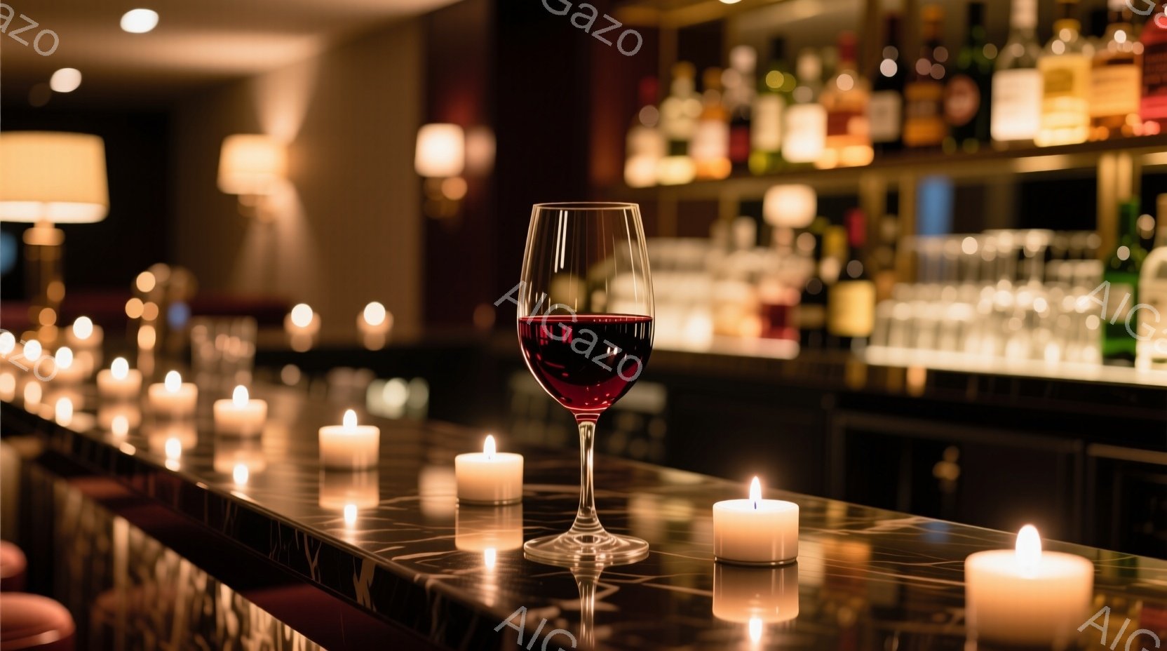 深い赤色のワインがグラスに注がれ、大理石のようなカウンターの上に置かれている。周囲には無数のロウソクが灯り、温かく幻想的な雰囲気を醸し出している。背景にはぼやけたバーカウンターと酒瓶が並び、静かで落ち着いた夜の空間を表現している。