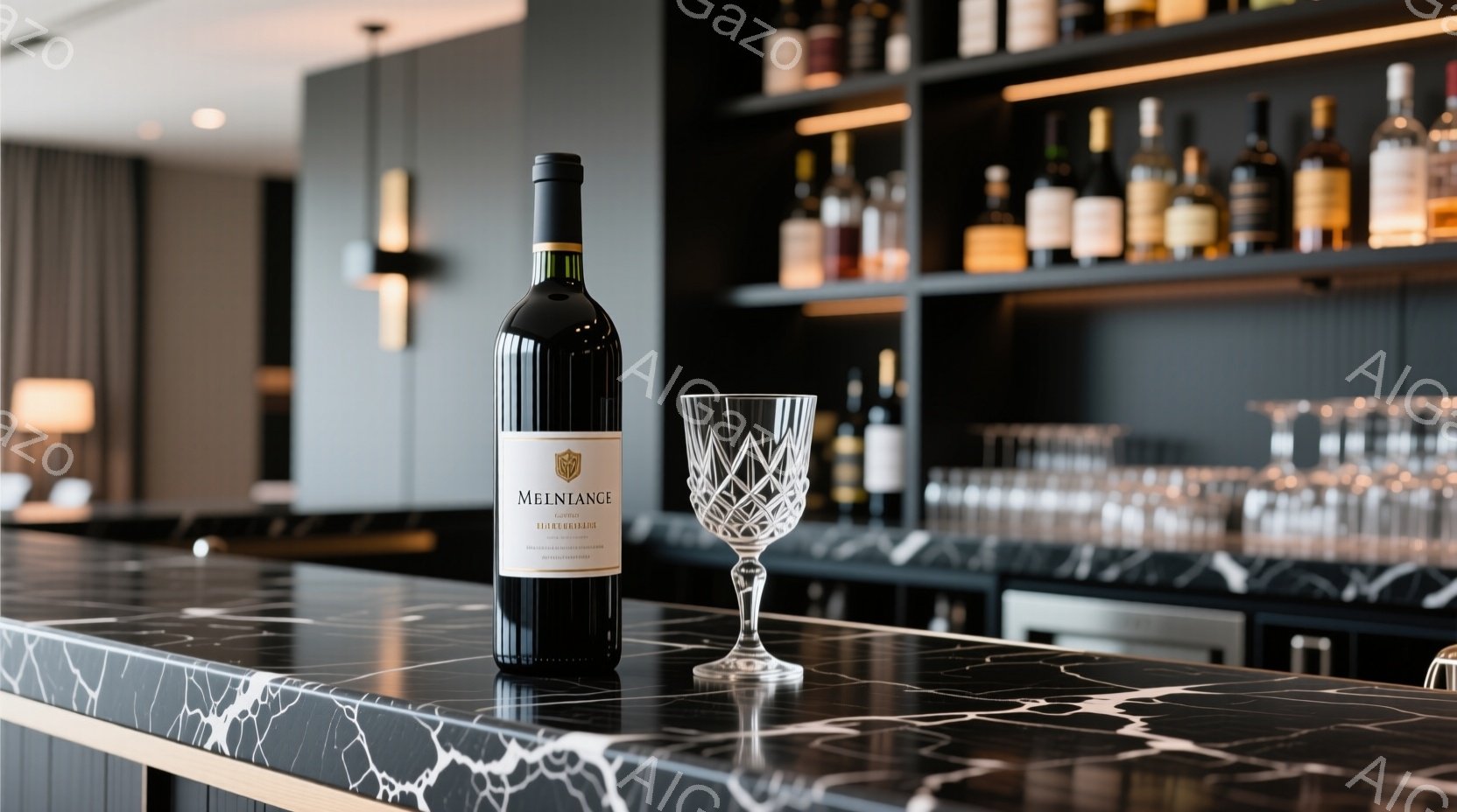 黒い大理石のカウンターの上に、ワインボトルとワイングラスが置かれています。ボトルには「MELNICE」というラベルが貼られており、高級感があります。背景にはワインが並んだ棚が見え、落ち着いたバーの雰囲 - AI生成フリー素材
