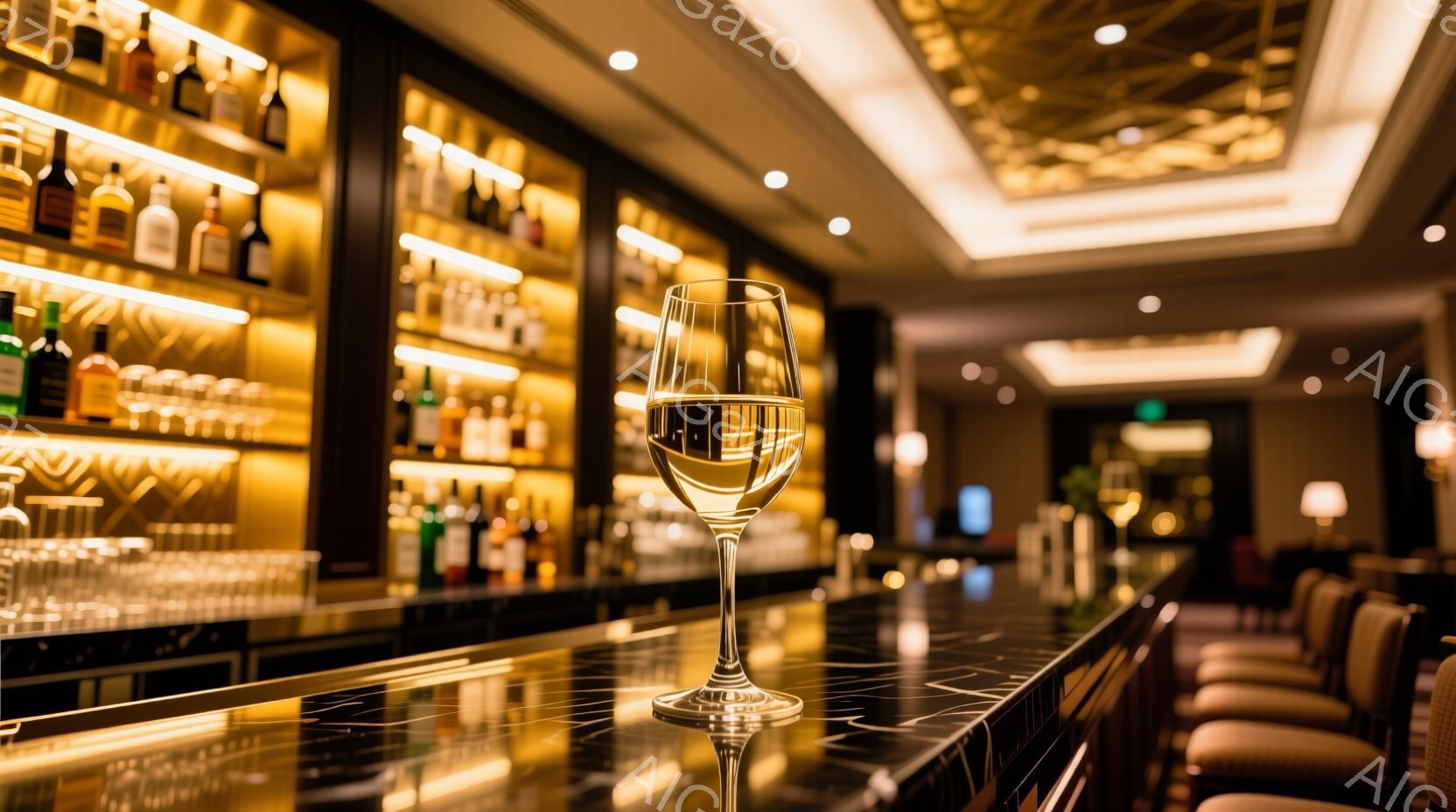 バーカウンターの上に、白ワイングラスが置かれている。背後には、様々な種類のボトルが並んだ棚があり、暖色系の照明が高級感を演出している。カウンターは磨き上げられた大理石調で、落ち着いた大人の雰囲気が漂う。