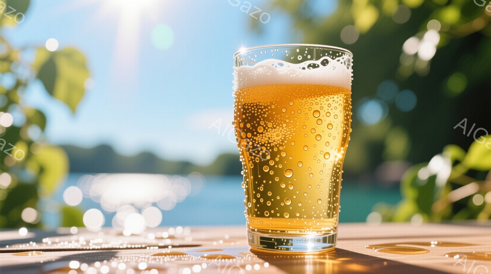 太陽の光が降り注ぐ中、木製のテーブルの上にグラスに入ったビールが置かれている。グラスの中のビールは泡立ち、背景には水面と緑豊かな植物が見え、夏の穏やかな雰囲気を醸し出している。水滴がテーブルに散らばっており、爽やかな季節感を強調している。