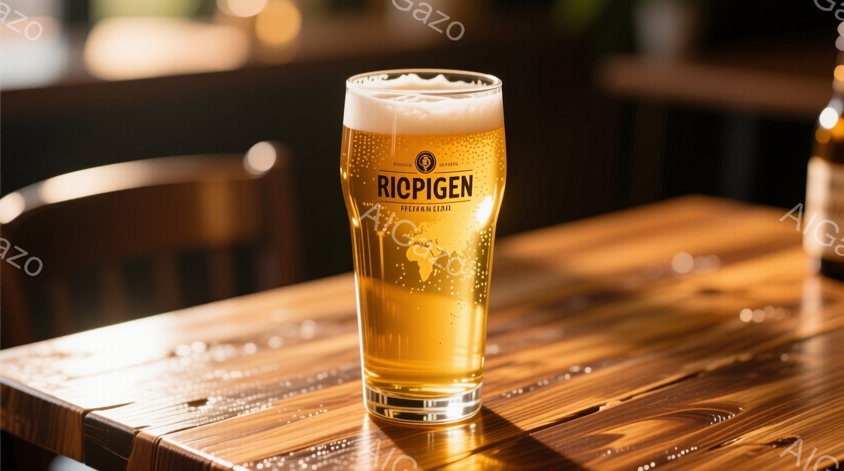 濃い琥珀色のビールがパイントグラスに満たされ、豊かな泡が頭上に浮かんでいます。木製のテーブルの上に置かれ、グラスの反射がその質感を強調しています。背景はぼやけており、暖かく居心地の良いパブのような雰囲気を示唆しています。