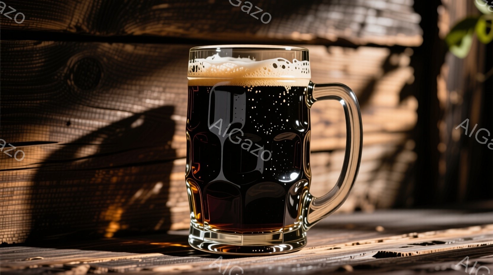 濃い茶色のビールが、透明なグラスに満たされ、白い泡が頭上に浮かんでいます。背景は木製の板張りで、光と影が強くコントラストをつけています。全体的に温かみがあり、落ち着いた雰囲気で、ビールを楽しむための良い場面を連想させます。