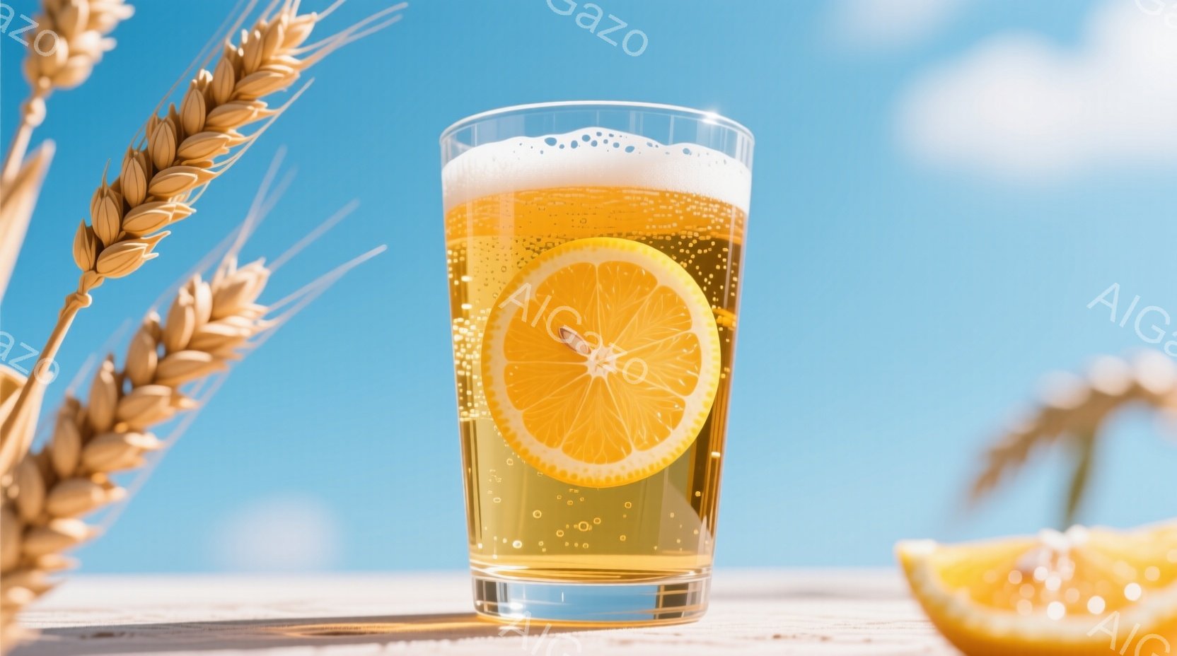 鮮やかな青空を背景に、オレンジのスライスが入ったグラスのビールが置かれています。グラスの周りには小麦の穂が添えられ、木製のテーブルの上に置かれています。全体的に爽やかで、夏らしい雰囲気を醸し出しています。