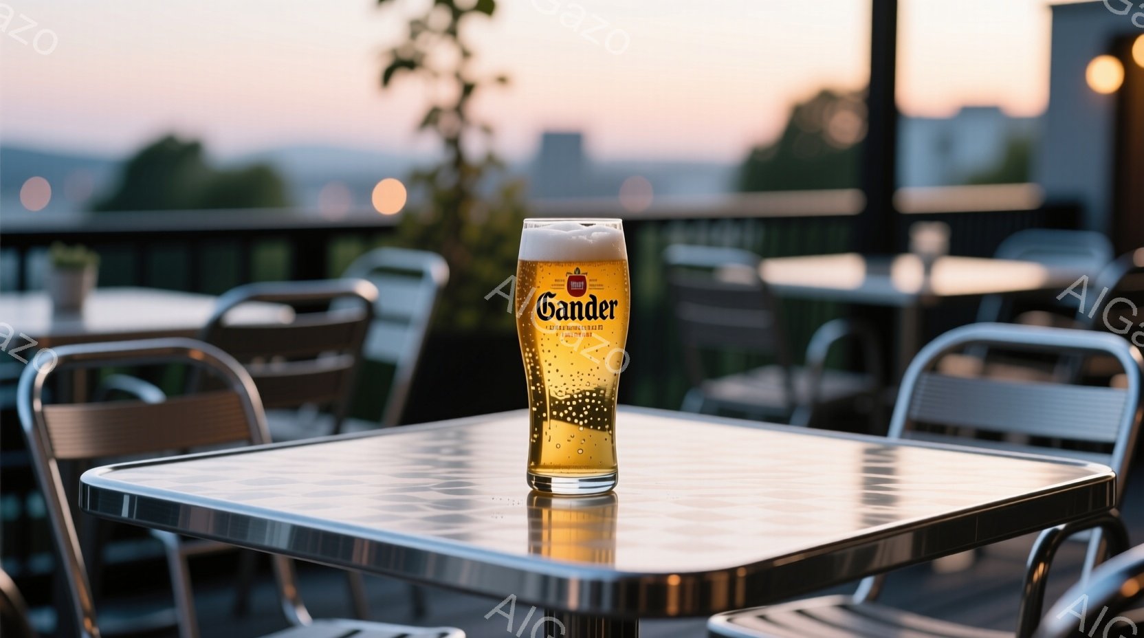 屋上のテラス席に置かれたグラスのビールが印象的な写真です。背景には薄暗い夕焼け空と遠くの街並みがぼんやりと見え、穏やかな時間が流れているような雰囲気です。テーブルは灰色のようで、シンプルなデザインの椅子が周囲に並んでいます。