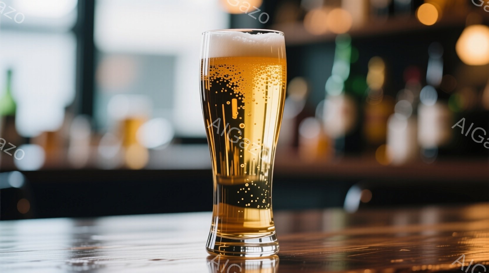 琥珀色のビールが、洗練されたグラスに満たされ、きめ細かい泡が立ち上っている。木製のカウンターの上に置かれ、背景にはぼやけたバーの棚と様々なボトルが見える。全体的に、リラックスした、落ち着いた雰囲気であ - AI生成フリー素材