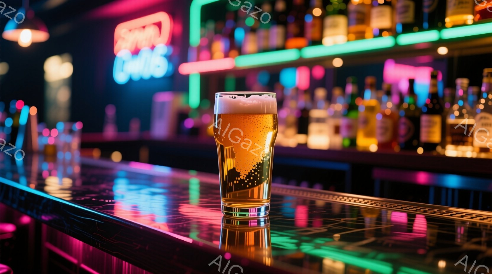 バーカウンターの上に、泡が乗った黄金色のビールが置かれています。カウンターはネオンライトで照らされ、ピンク、青、緑の色が反射して幻想的な雰囲気を醸し出しています。背景には様々な酒瓶が並び、賑やかなバーの様子が伺えます。