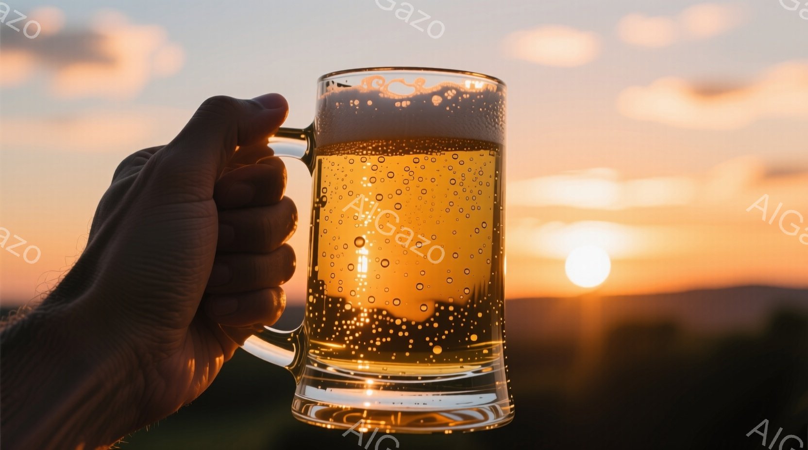 強い日差しを浴びた夕暮れ時に、一杯のビールが握られた手によって掲げられている。ビールは泡立ち、太陽の光を受けて金色に輝き、背景には穏やかな山並みが広がる。全体的に、リラックスした、平和な、そして穏やかな夏の日の雰囲気が漂っている。