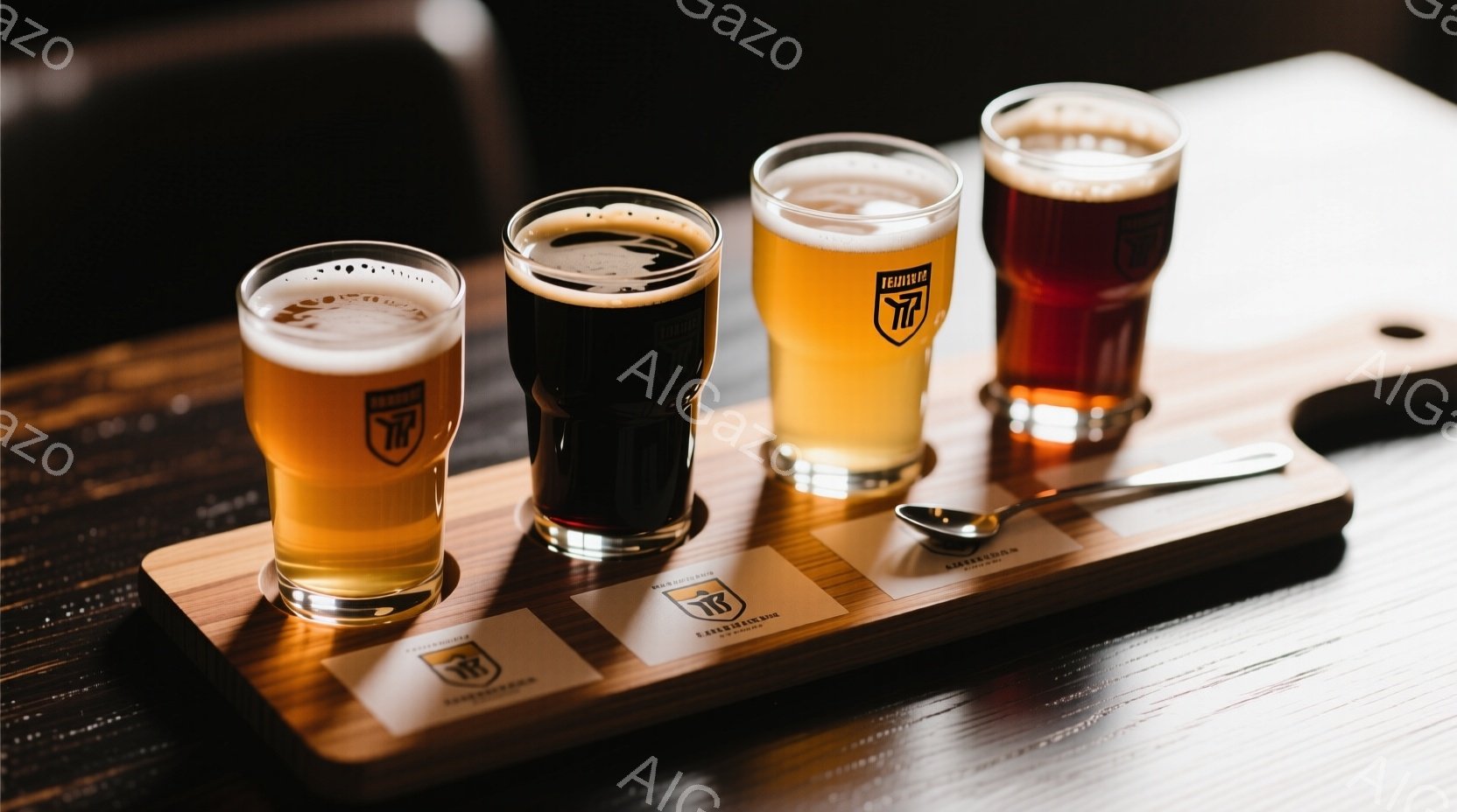 画像には、様々な色のビールが並んだフライトが写っています。それぞれのグラスには泡が乗っており、ビールの色合いは明るい金色から濃い茶色まで様々です。木製のトレイの上にグラスが並べられ、金属製の小さなスプーンが添えられています。