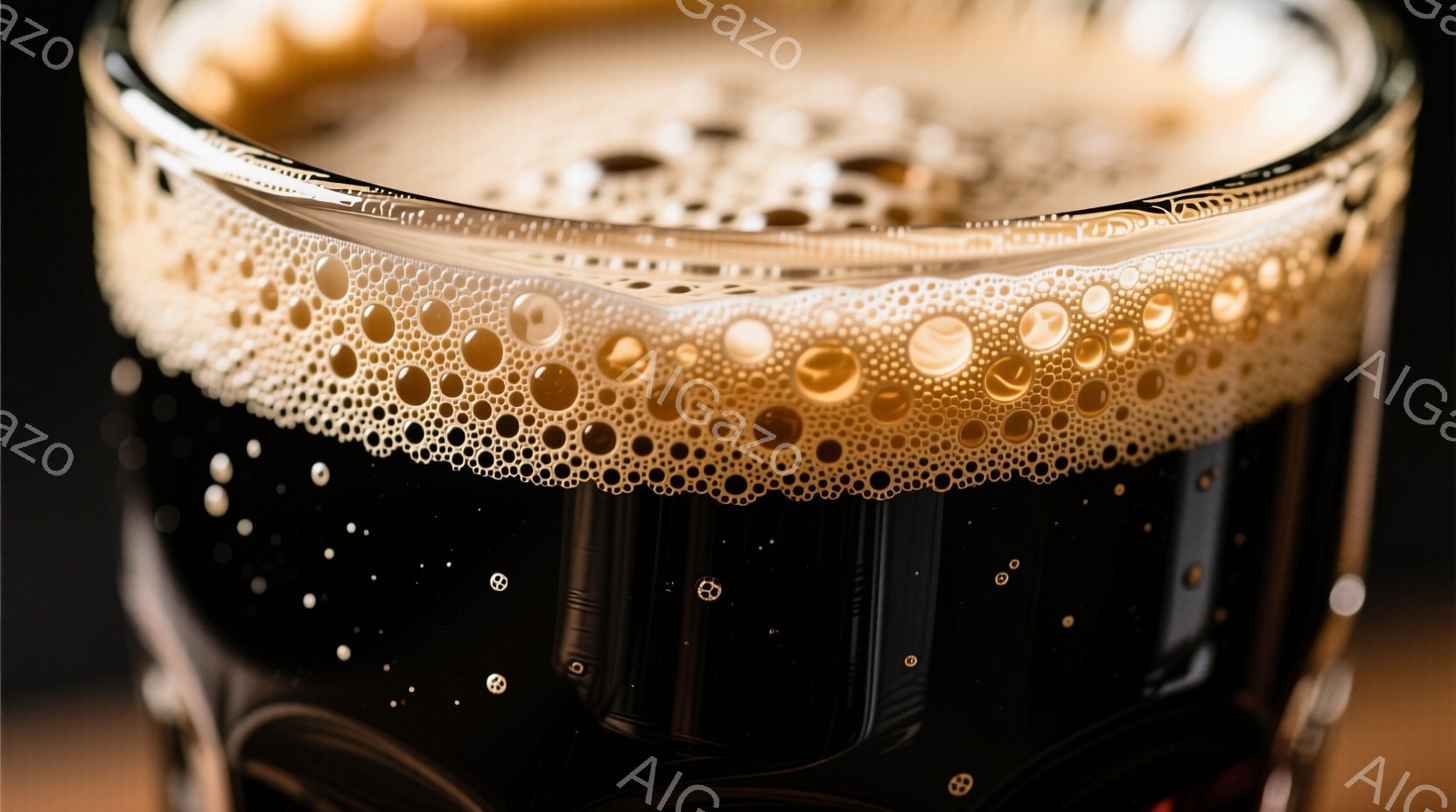 濃い色の液体がグラスに満たされ、表面にはきめ細かい泡が広がっている。液体は黒ビールのような深い茶色で、光を反射してわずかに輝いている。背景は暗く、液体と泡のコントラストを際立たせており、落ち着いた雰囲気を醸し出している。