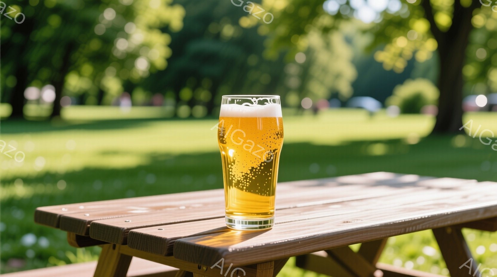 日差しの強い晴れた日に、木製のピクニックテーブルの上に、泡が乗った黄金色のビールが置かれている。背景には緑豊かな草地と木々が広がり、夏の穏やかな雰囲気を醸し出している。光と影のコントラストが、ビールの冷たさと爽やかさを強調している。