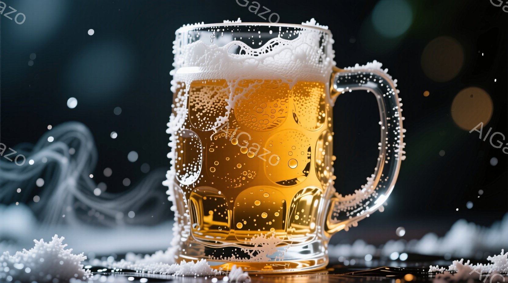 画像は、霜で覆われた表面を持つ、ビールで満たされたガラス製のマグカップを捉えています。液体の中には無数の小さな泡が昇り、明るい黄金色を呈し、背景にはぼやけた光の粒子と、より抽象的な霜の渦巻き模様が広がっています。全体的に、冬の寒さを連想させる、爽やかで冷たい雰囲気が漂っています。