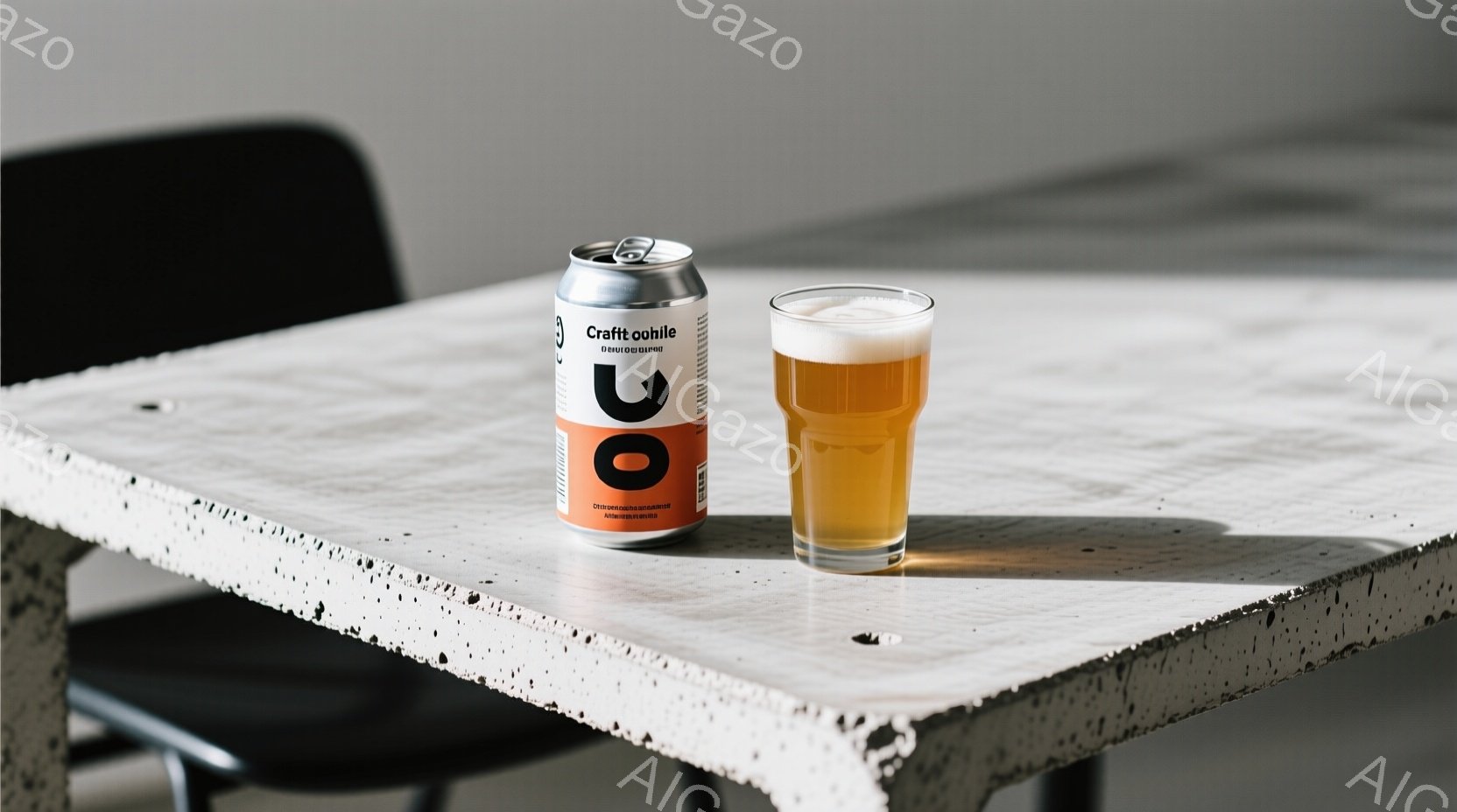 白い水玉模様のテーブルの上に、アルミ製の缶と、半分ほどビールが入ったグラスが置かれている。缶にはオレンジ色のラベルが貼られており、独特なデザインが施されている。全体的に明るく、カジュアルな雰囲気で、リラックスしたひとときを表現しているようだ。