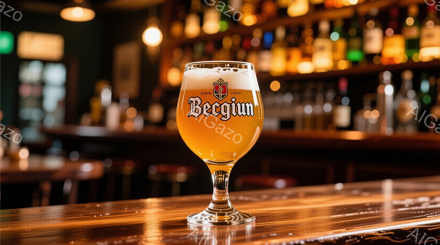 画像には、カウンターの上に置かれたベルギーのビールグラスが写っている。グラスは泡立ち、琥珀色のビールが輝き、背景には薄暗いバーのカウンターとたくさんの酒瓶が見える。暖色系の照明と木製のカウンターが、落 - AI生成フリー素材