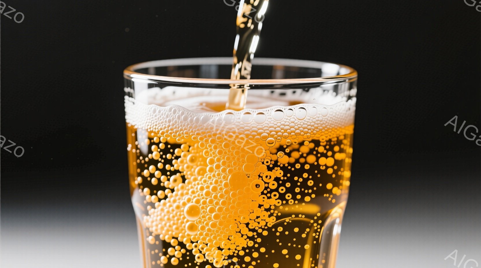 鮮やかな琥珀色のビールがグラスに注がれている様子が捉えられています。無数の小さな泡がグラスの中で立ち上り、光を反射してキラキラと輝いており、炭酸の爽やかさを感じさせます。背景は暗く、ビールの色がより際立っており、清涼感のある雰囲気を醸し出しています。