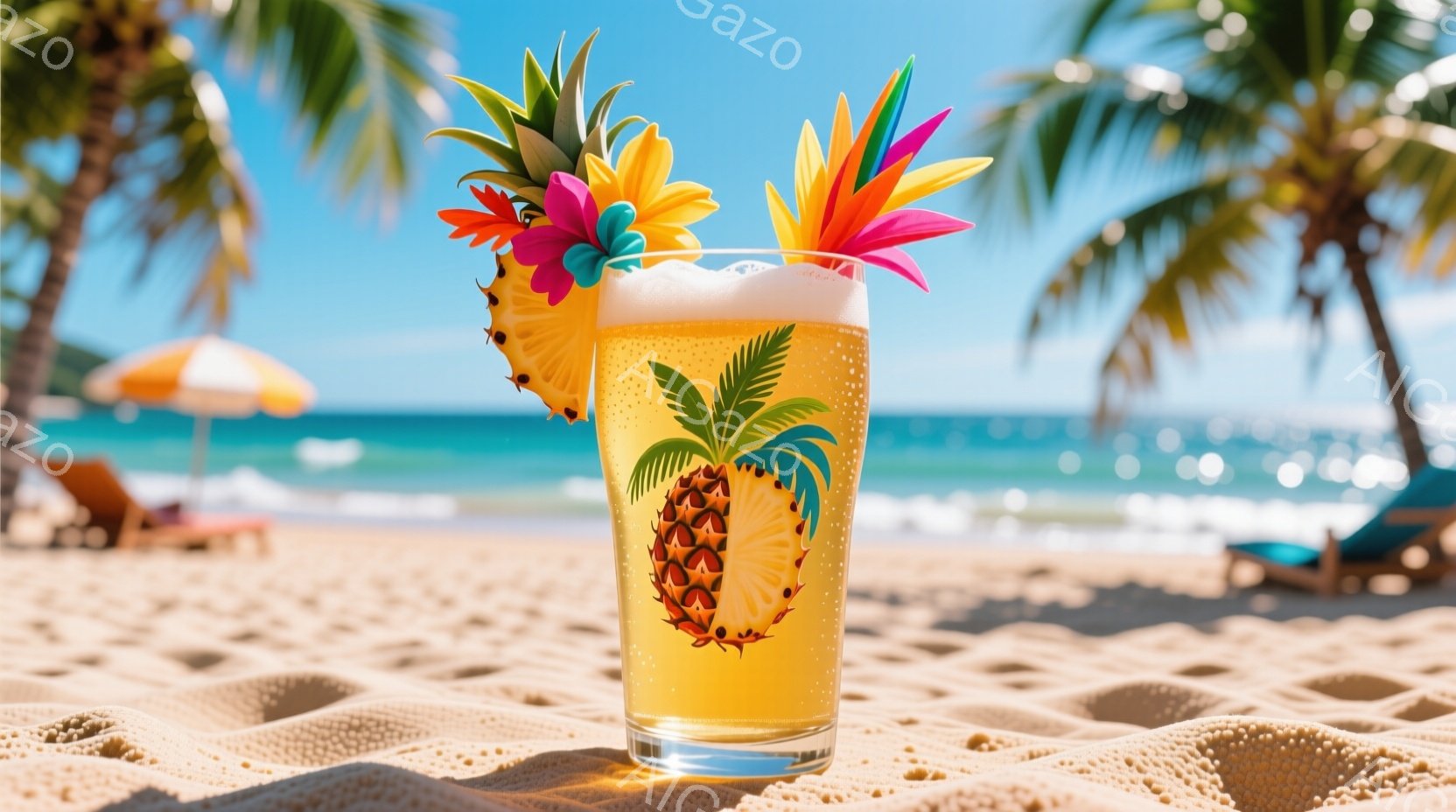 砂浜に置かれたグラスに入ったビールが写っている。ビールの泡の上にパイナップルと鮮やかな熱帯の花が飾られており、背景には青い海と白い砂浜、そしてヤシの木が見える。全体的に明るく、リゾート地での休暇を楽しむ雰囲気が漂っている。