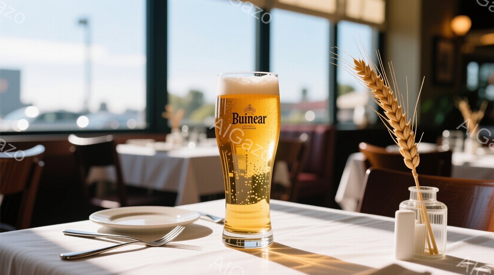 白いテーブルクロスの上に、冷えたビールグラスと白い陶器の皿、銀器類が置かれています。背景にはぼやけたレストランの客席と大きな窓から差し込む自然光が見え、落ち着いた雰囲気です。テーブルの隅には麦の穂が飾られ、爽やかさと安らぎを感じさせます。