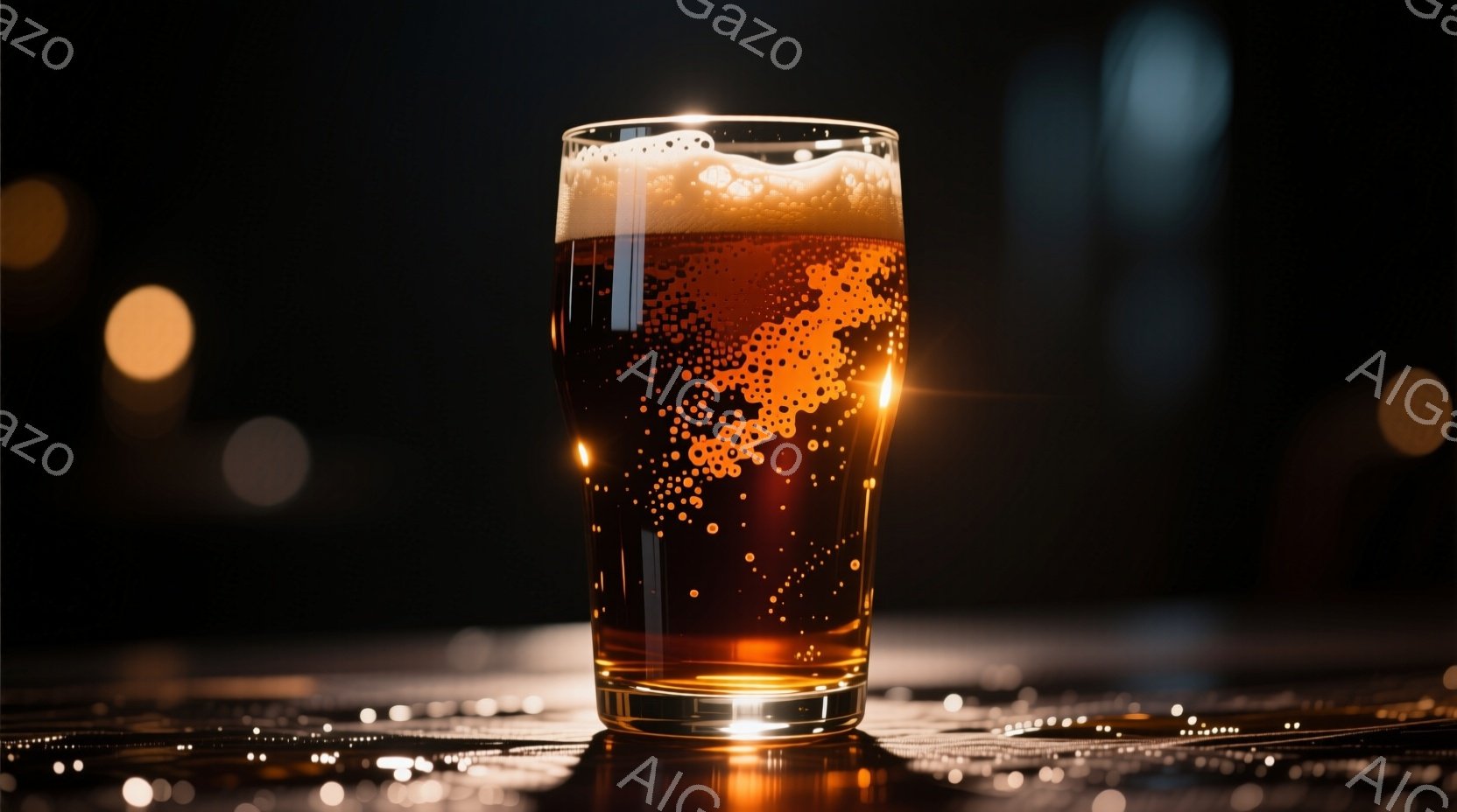 濃い琥珀色のビールがグラスに満たされ、泡が立ち上っている様子が捉えられている。グラスはテーブルの上に置かれ、背景にはぼやけた光点があり、夜のバーのような雰囲気を醸し出している。全体的に温かく、落ち着い - AI生成フリー素材