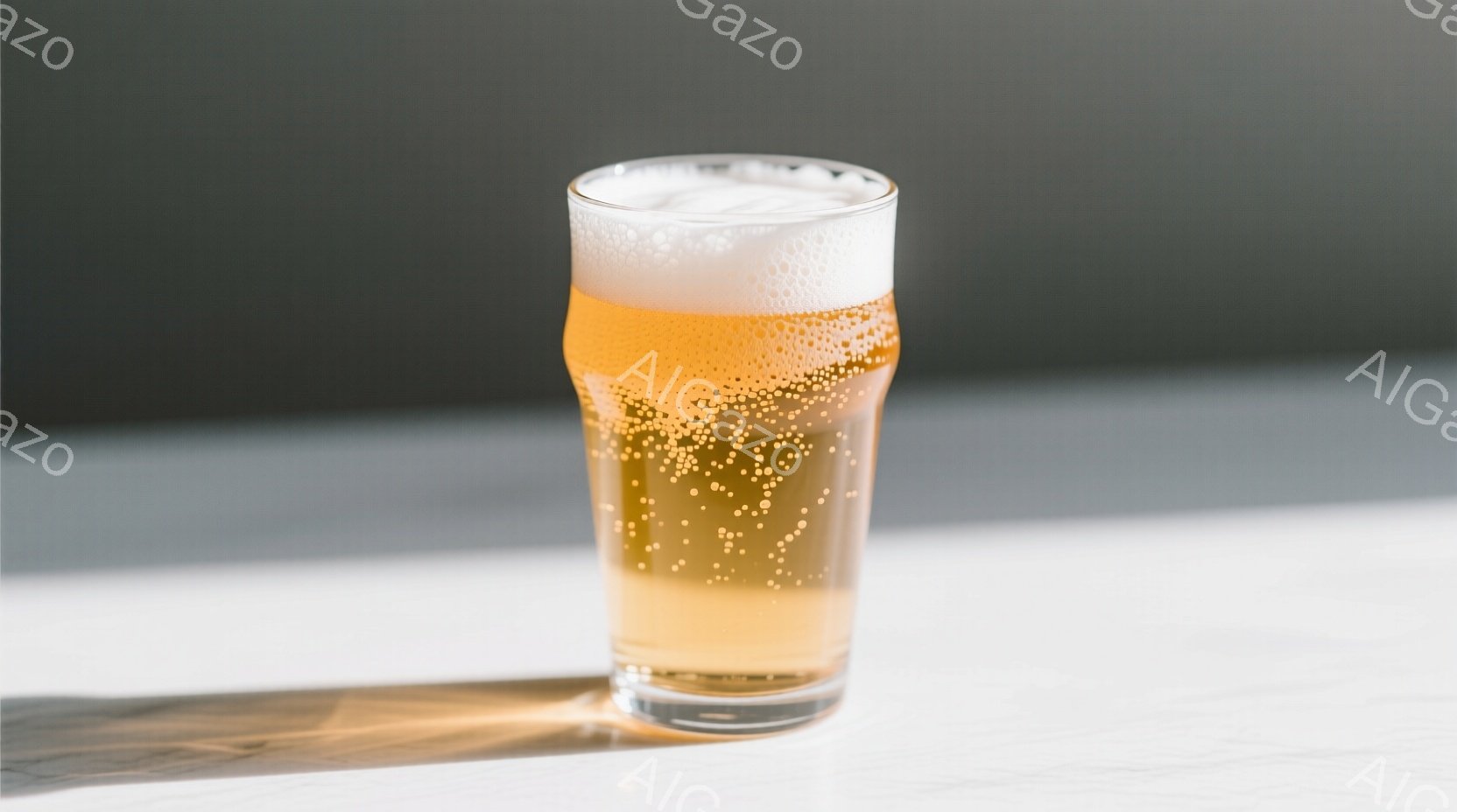 透明なグラスに、きめ細かい泡が乗った黄金色のビールが写っている。白いテーブルの上に置かれており、強い光によってグラスの影がはっきりと伸びている。背景はぼかされており、シンプルな構成がビールの色と泡立ちを際立たせている。
