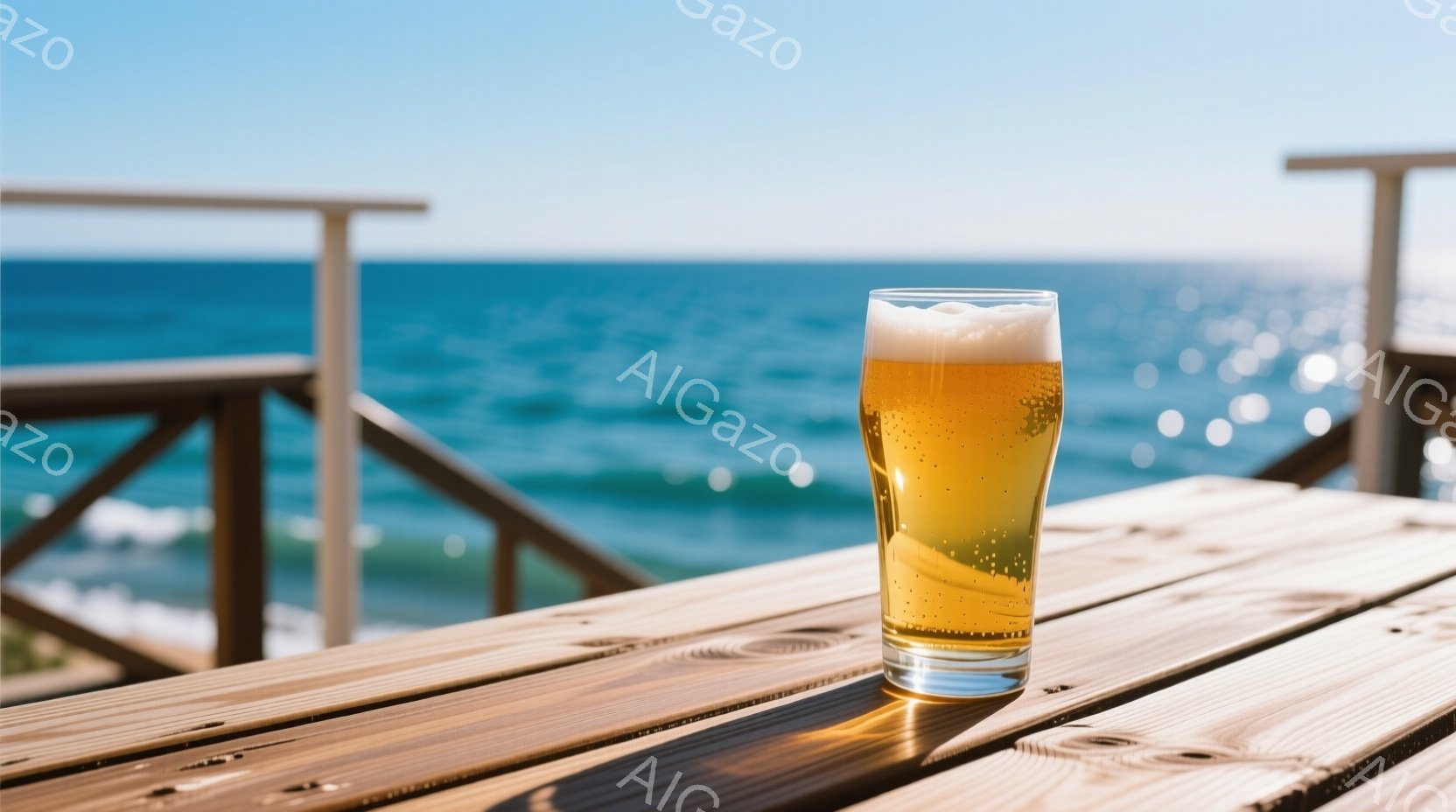 テーブルの上には、泡が乗った冷たいビールが一杯置かれています。背景には、穏やかな波が打ち寄せる青い海と木製の柵が見え、晴れた日のリラックスした雰囲気が漂っています。木製のテーブルの質感とビールの輝きが印象的で、夏らしい爽やかな光景です。
