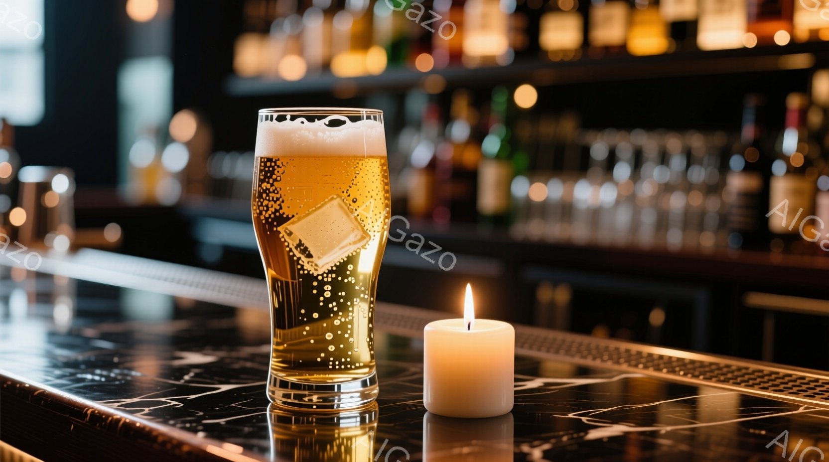 バーカウンターの上に、泡が豊富な金色のビールが入ったグラスと、火が灯った白いキャンドルが並んでいる。カウンターは光沢のある黒い大理石調で、背景には様々な酒瓶がぼやけて見える。温かく落ち着いた照明と、ビ - AI生成フリー素材