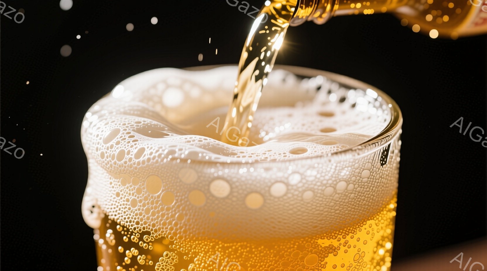 黒い背景を背景に、グラスに注がれる琥珀色のビールが写っている。泡は白くきめ細かく、グラスの縁まで満たされ、ビールが泡に覆われて輝いている。全体的に、爽やかでリラックスした雰囲気が漂う、ビールの美味しさ - AI生成フリー素材