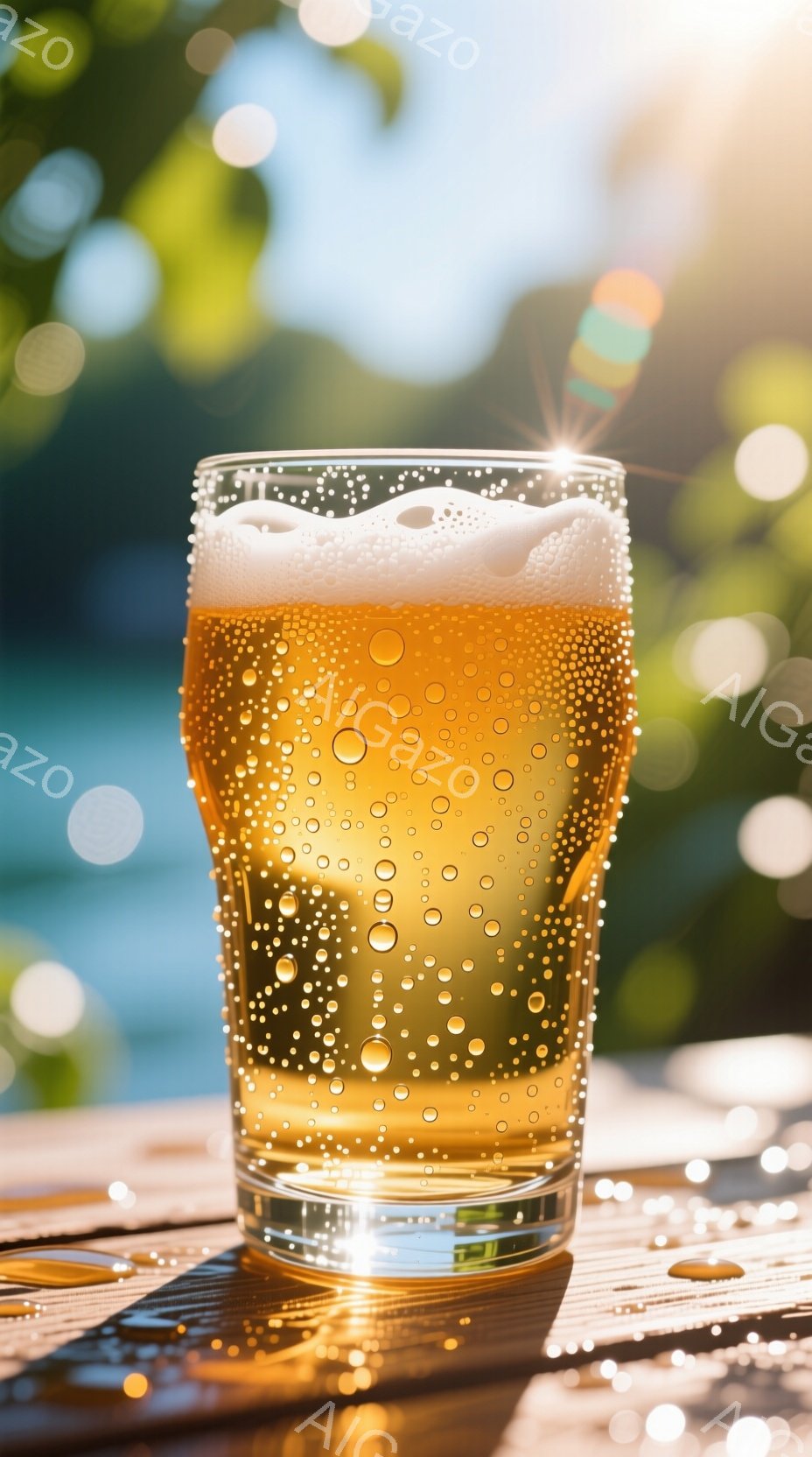光り輝くグラスに注がれたビールが、太陽の光を浴びて泡立ち、多くの小さな泡が上昇している様子が捉えられています。木製のテーブルの上に置かれ、背景にはぼやけた緑の葉と光が差し込む水面が見え、夏の日のリラックスした雰囲気を醸し出しています。全体的に、爽やかで心地よい、そして喉を潤すようなイメージが感じられます。