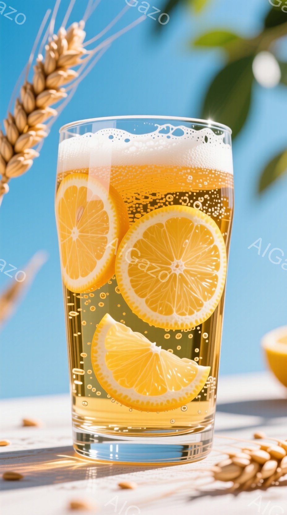 輝く太陽の下、グラスに絞ったオレンジのスライスが浮かんだ爽やかなドリンクが描かれている。グラスの周りには、麦の穂が飾られ、白いテーブルの上に影が落ちている。全体的に晴れた日の清涼感を強調した、明るく活気のある雰囲気である。