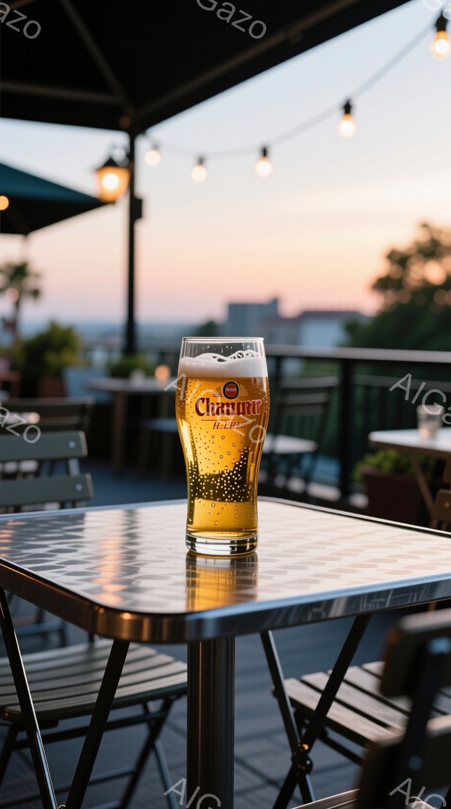 テーブルの上に置かれた冷たいビールが印象的な写真です。背景には夕焼け空と街並みが広がり、おしゃれなカフェやレストランのテラス席を連想させます。リラックスできる穏やかな雰囲気が漂い、夏の夕暮れ時のひとときを切り取ったような一枚です。