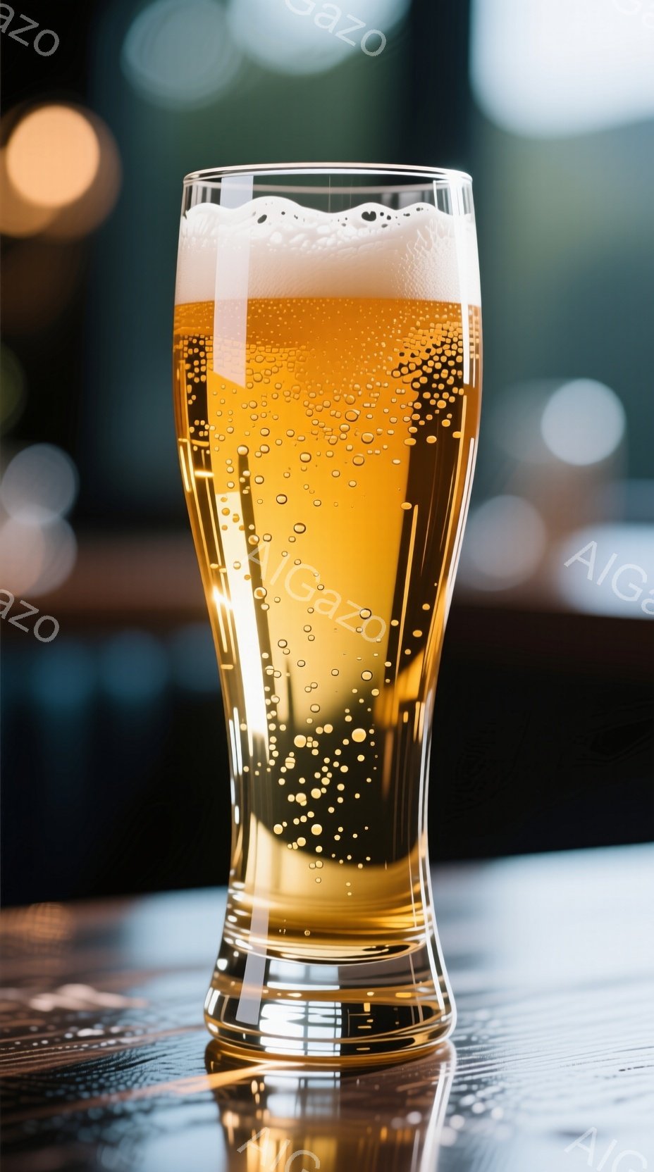 透明なグラスに、泡が立ち、琥珀色のビールが満たされています。グラスの形は下に向かって細くなり、洗練された印象を与えます。背景はぼやけており、薄暗いバーのような雰囲気で、テーブルの表面にグラスの反射が映 - AI生成フリー素材