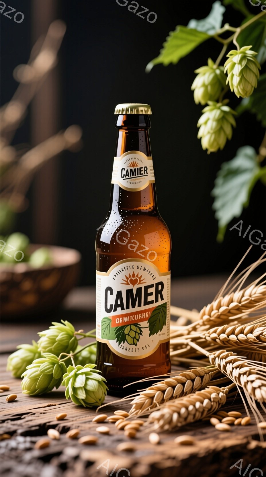 濃い琥珀色のビール瓶が、緑色のホップと黄金色の麦穂に囲まれて配置されています。瓶には「CAMER」という文字とホップのイラストが描かれ、ラベルにはフランス語で何らかの説明が書かれています。全体的に暗い背景に、ビールの原料であるホップと麦穂が強調され、伝統的な醸造を想起させる落ち着いた雰囲気です。
