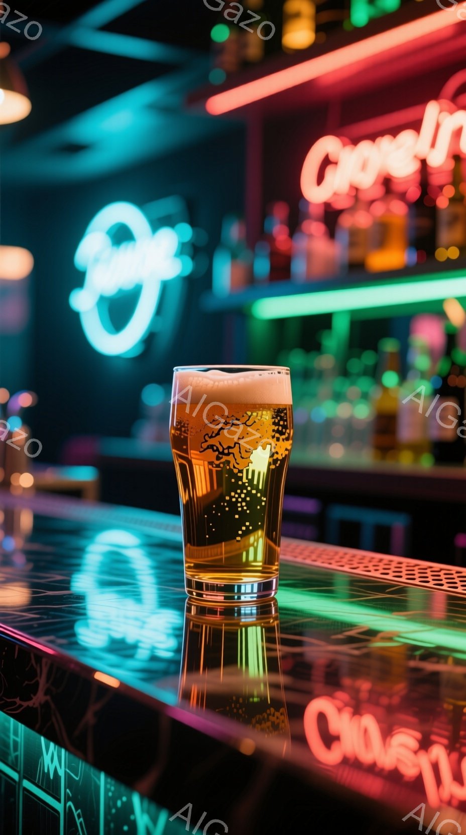 バーカウンターに置かれた、泡が乗ったグラスのビールが印象的な写真です。背景にはネオンサインが輝き、バーの賑やかな雰囲気を醸し出しています。光の反射がカウンターに映り込み、鮮やかな色彩が写真全体に広がっています。