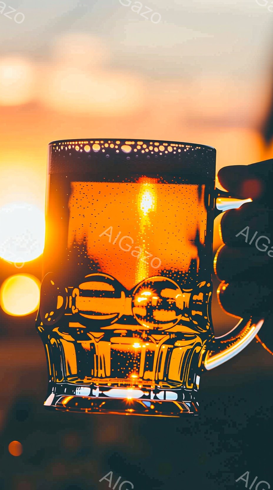 この画像は、夕焼けのような暖色系の背景を背景にした、グラスに入った琥珀色の液体を捉えています。液体の中には車のヘッドライトが反射しており、抽象的で幻想的な印象を与えます。全体的に暖かく、少しノスタルジックな雰囲気です。
