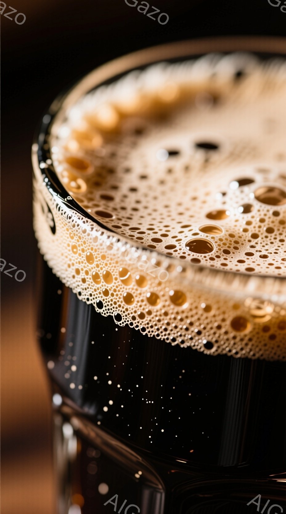 濃い茶色の液体がグラスに満たされ、きめ細かい泡が表面を覆っている。泡は大小さまざまな大きさで、光を反射して輝いている。背景は暗く、液体の色と泡のコントラストが際立っており、落ち着いた雰囲気を醸し出している。