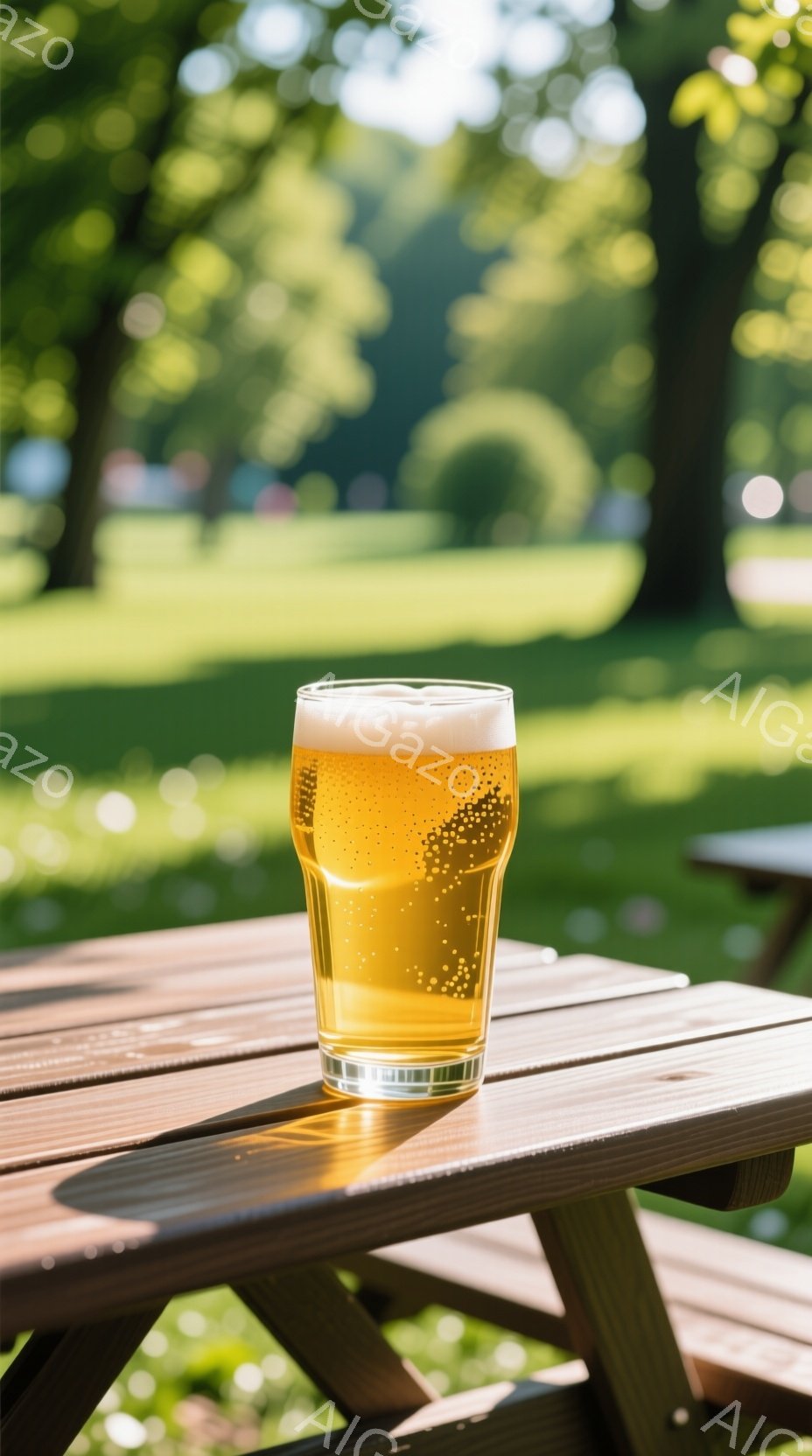 画像には、木製のピクニックテーブルの上に置かれた、泡が立つ金色のビールが入ったグラスが写っています。背景には緑豊かな芝生と木々が広がり、晴れた日の穏やかな雰囲気が漂っています。全体的に、リラックスした夏の日の光景を捉えた、心地よい写真です。