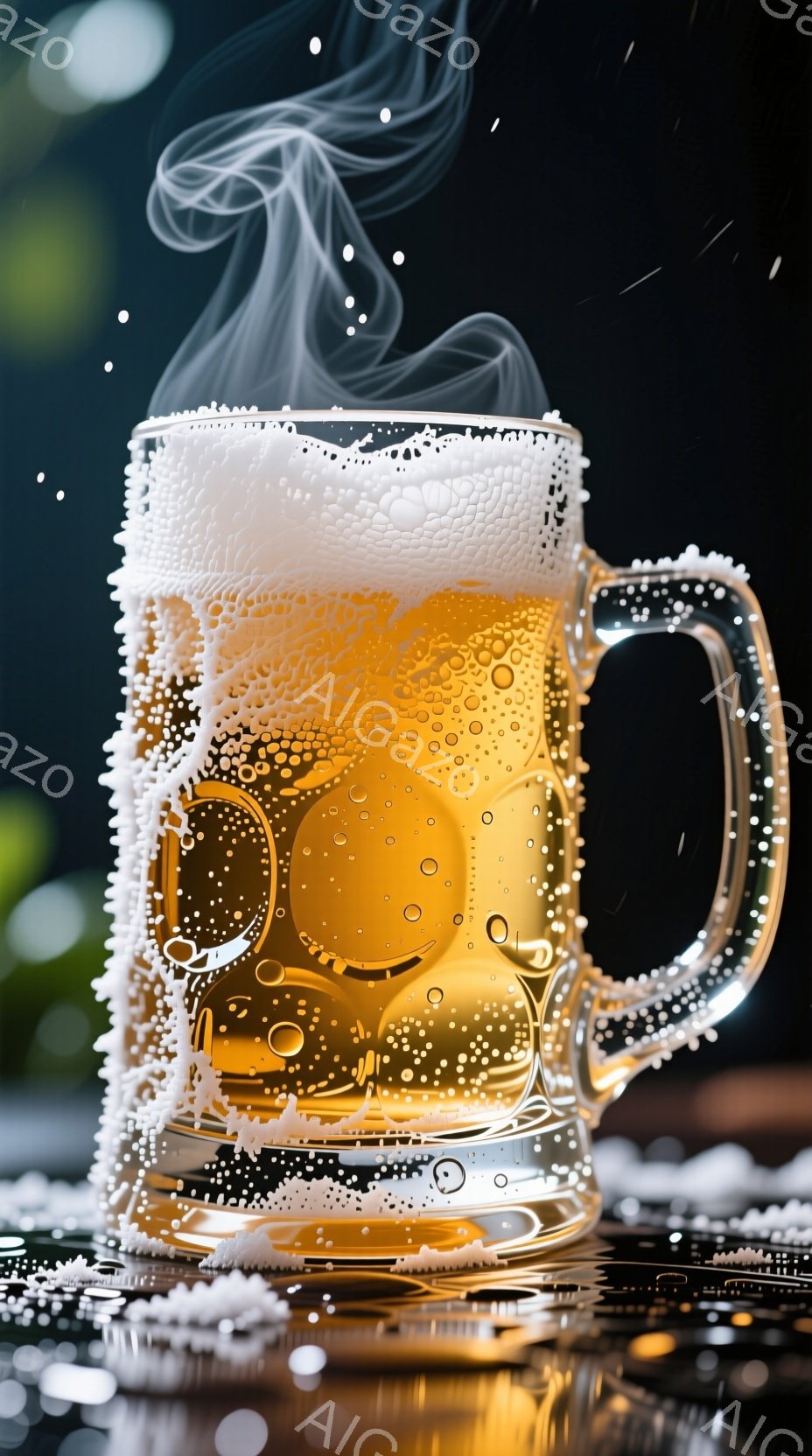 透明なジョッキに琥珀色のビールが満たされ、豊かな泡が溢れ出している。ジョッキの表面には水滴が付き、背景はぼやけた緑色で、冷たいビールが蒸気を上げている様子が表現されている。全体的に爽やかで、喉越しが良さそうな雰囲気である。