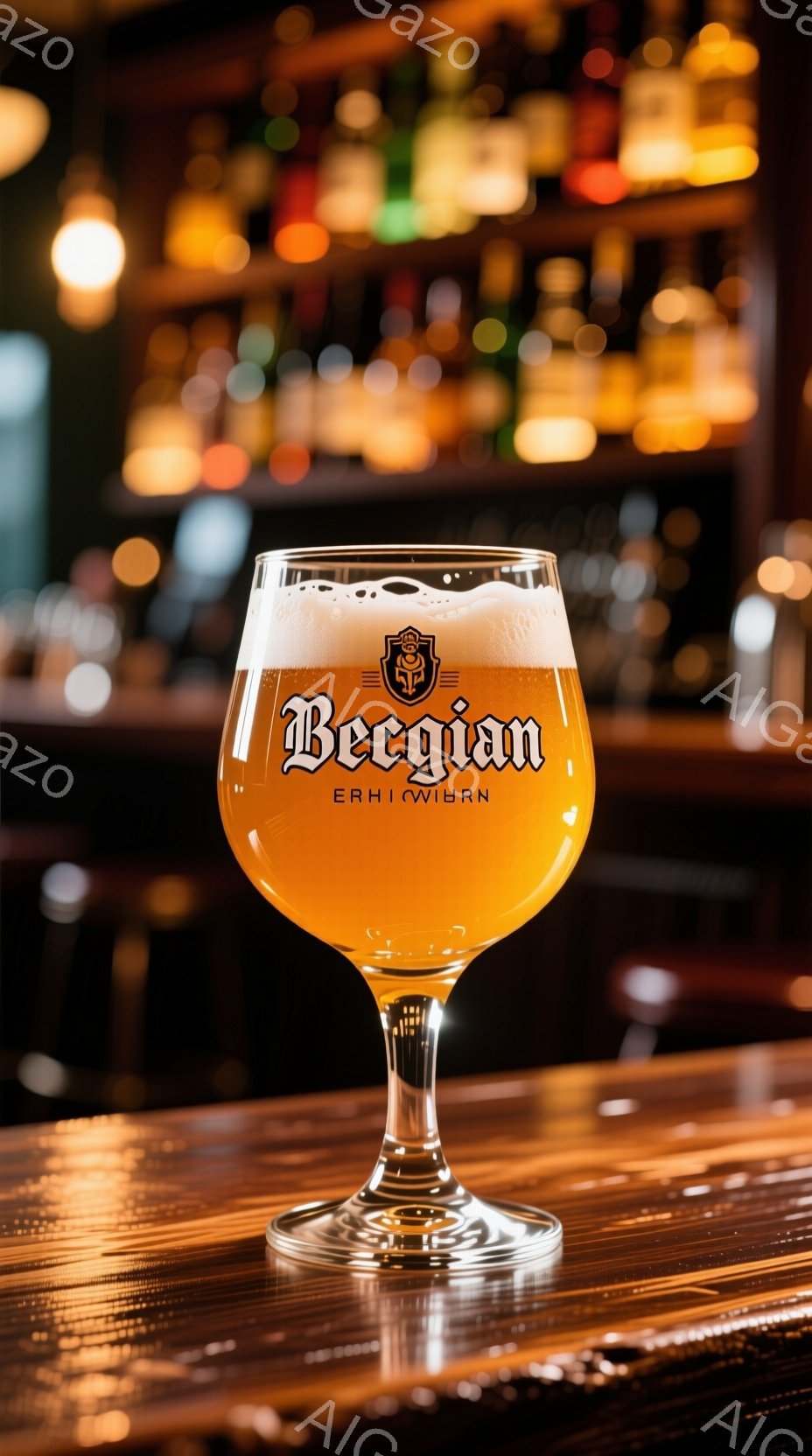 画像は、カウンターの上に置かれたベルギー風のグラスに入ったビールを示しています。グラスは琥珀色の液体で満たされ、豊かな泡が形成されています。背景には、ぼやけたバーの棚と照明があり、温かく落ち着いた雰囲 - AI生成フリー素材