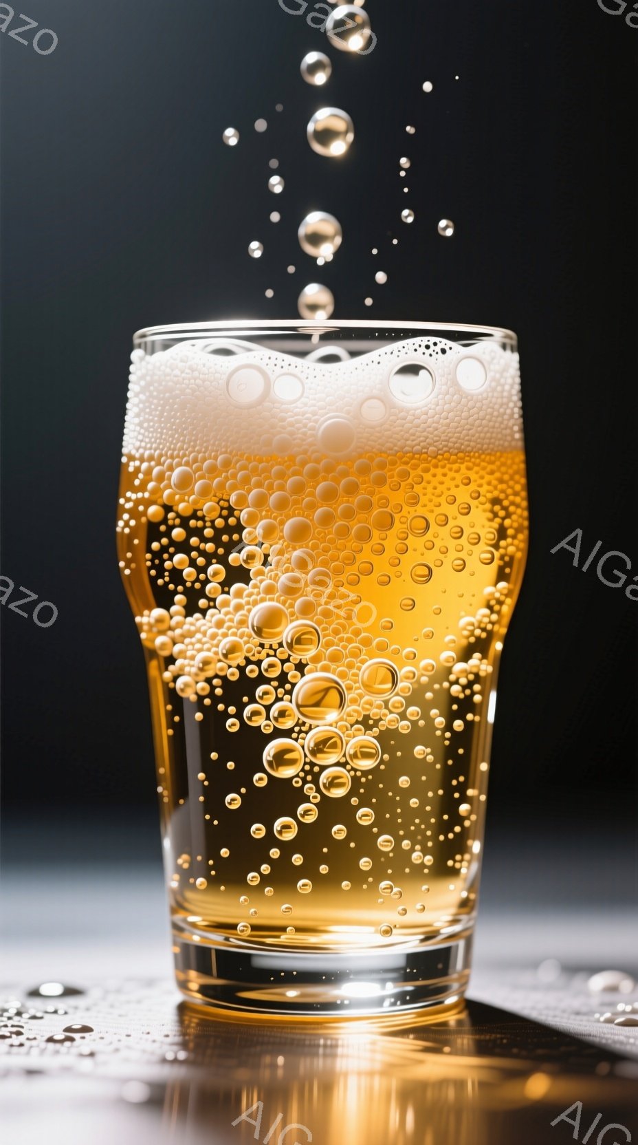 グラスに注がれた金色のビールが写っており、泡が溢れ出し、飛び散っている様子が捉えられています。グラスの底には水滴が広がり、テーブル表面に反射して光っているのが見えます。背景は暗く、ビールの色が際立って - AI生成フリー素材