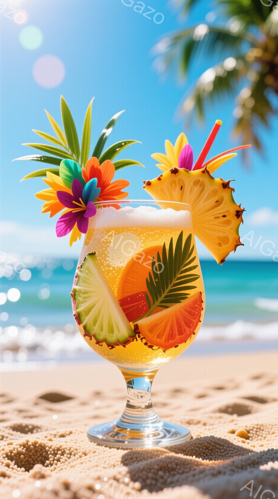 鮮やかなトロピカルドリンクが砂浜に置かれている。グラスにはパイナップル、オレンジ、ライムのスライスが飾られ、色とりどりの花とストローが添えられている。背景には青い海と空、そしてヤシの木が見え、晴れた日のリゾート地の雰囲気を醸し出している。
